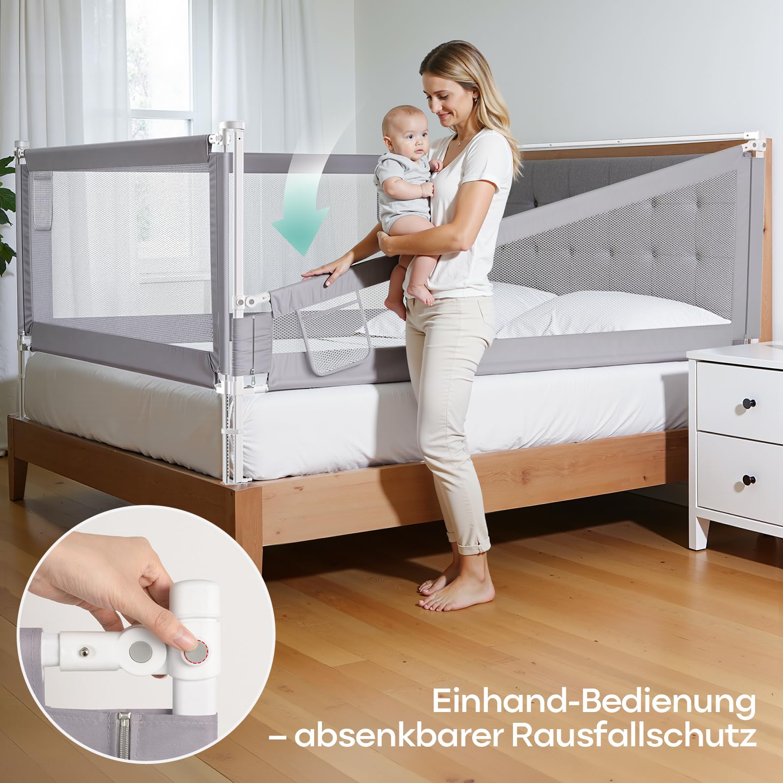 Rausfallschutz Bett (200cm+180cm) | Bettgitter Rausfallschutz für Boxspringbett, höhenverstellbar, mit Befestigungsgurten, Hellgrau (3 Stück)
