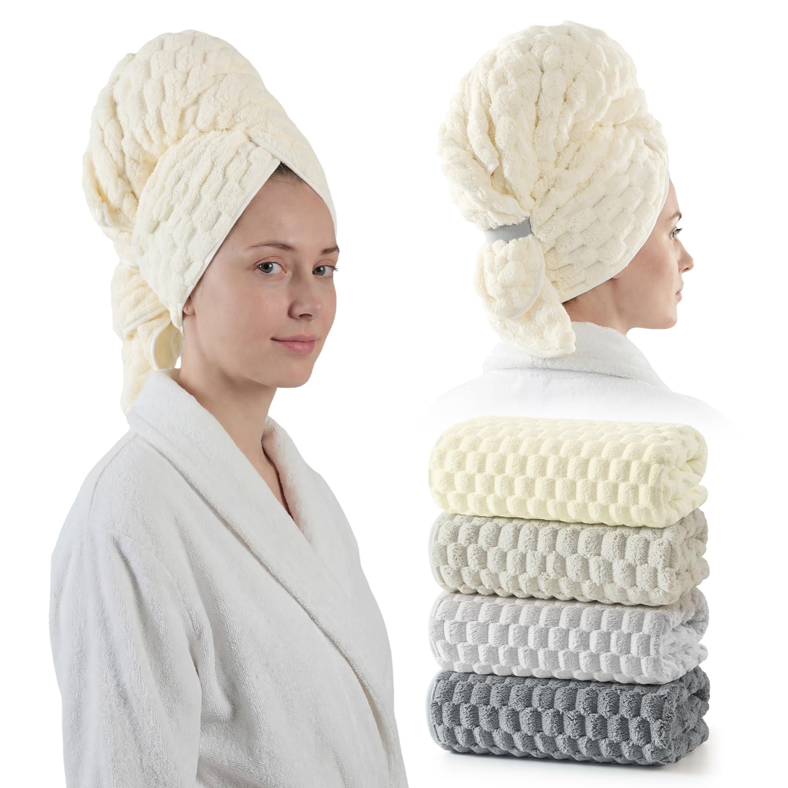REDKISS 4 Pack Extra Large Hair Towels - Microfiber Oversized Hair Towel Wrap for Women, 23 x 47 inches Hair Towels with Elastic Strap, Super Soft Hair Drying Towels for Long, Thick, Curly Turbans