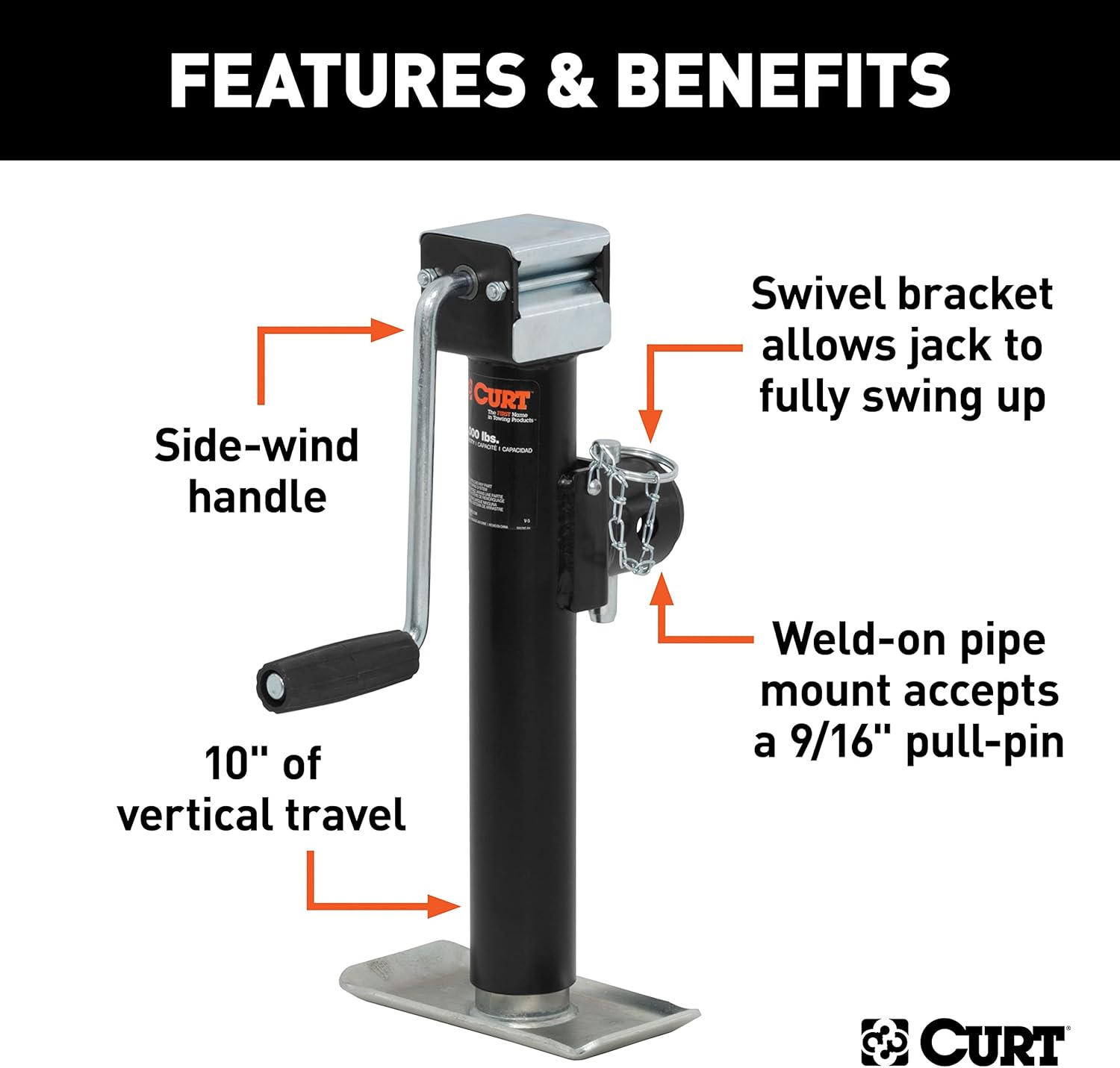 CURT 28354 Weld-On Pipe-Mount Swivel Trailer Jack, 5,000 lbs. Support Capacity, 10 Inches Vertical Travel