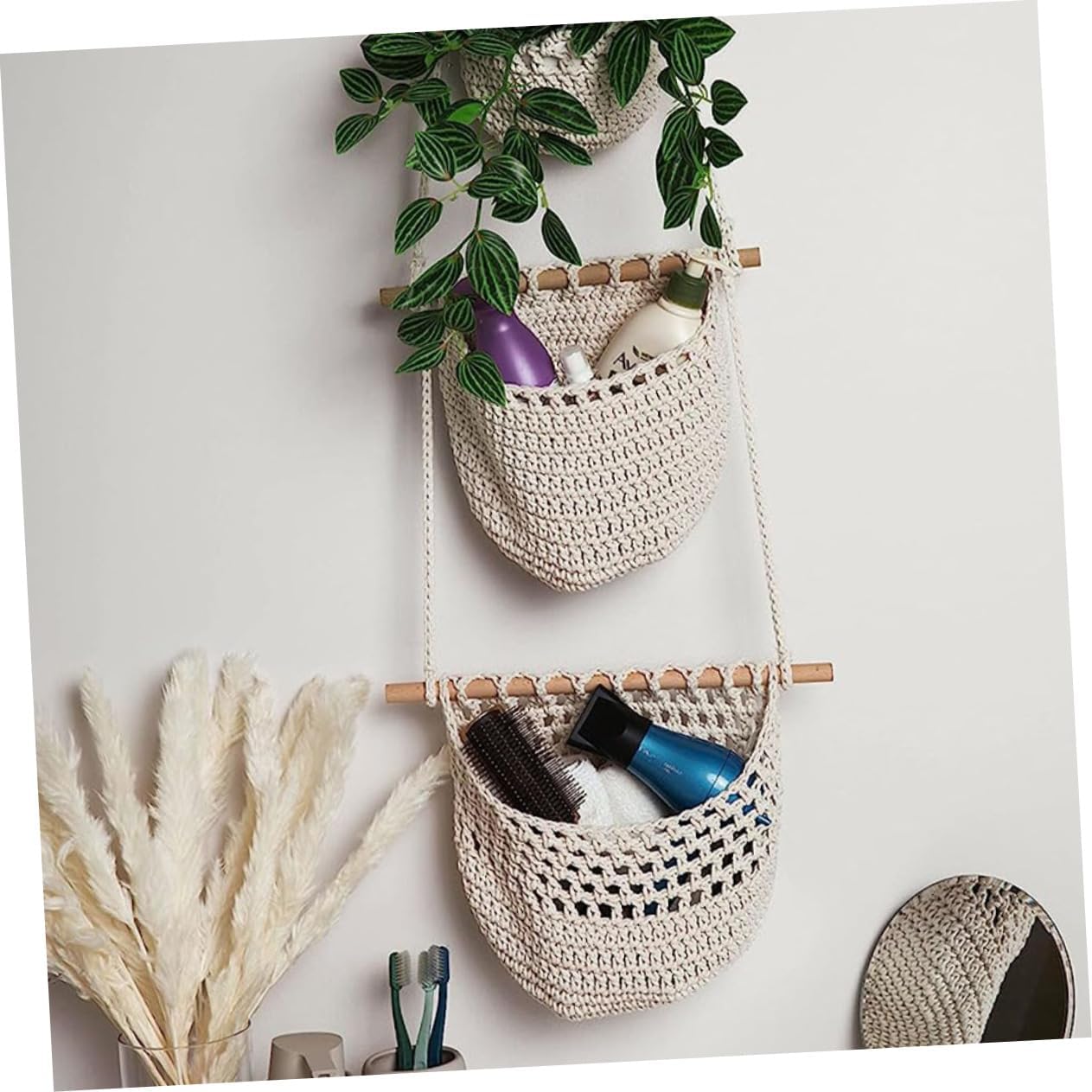 2Pcs Hand Woven Hanging Fruit Baskets Mesh Design Storage Organizer for Kitchen Rope Fruit Hammock for Vegetables and Home Decor