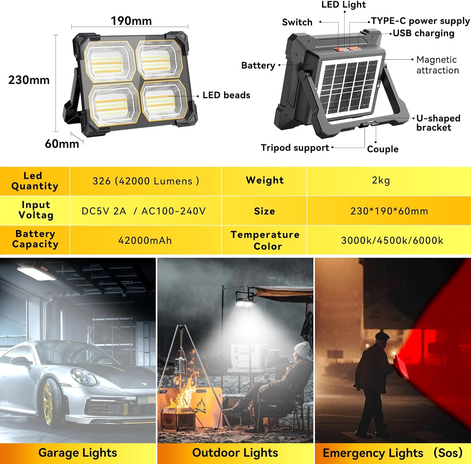 500W Led Work Light Rechargeable,42000MAh Solar Portable Light, 42000LM Magnetic Work Lights, 326 Led Battery Work Lights with Stand 5 Lights Modes IP66 Waterproof for Outdoor Camping Car Repairing - Image 7