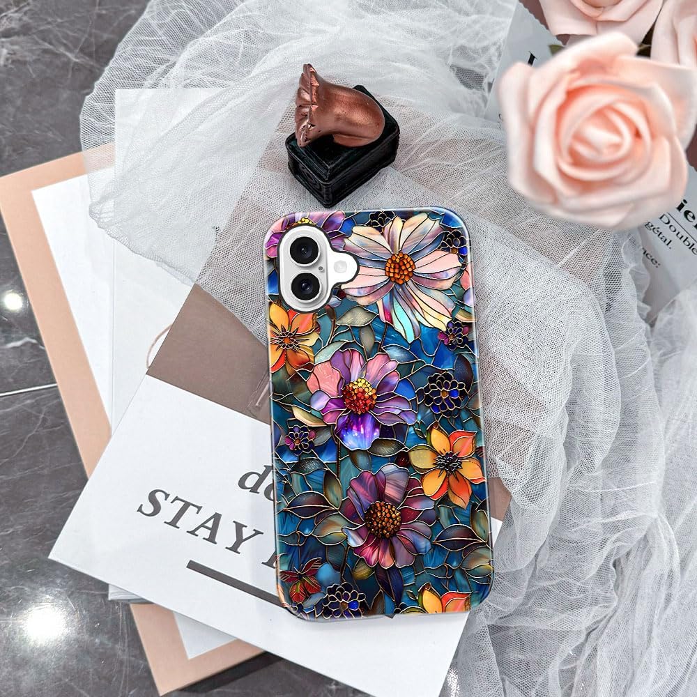 Case Compatible with iPhone 16,Fall Prevention Bright Hybrid 2-Layer Hard Shell Phone Case for Girls Boys,Colorful Floral Flower Art - Image 6