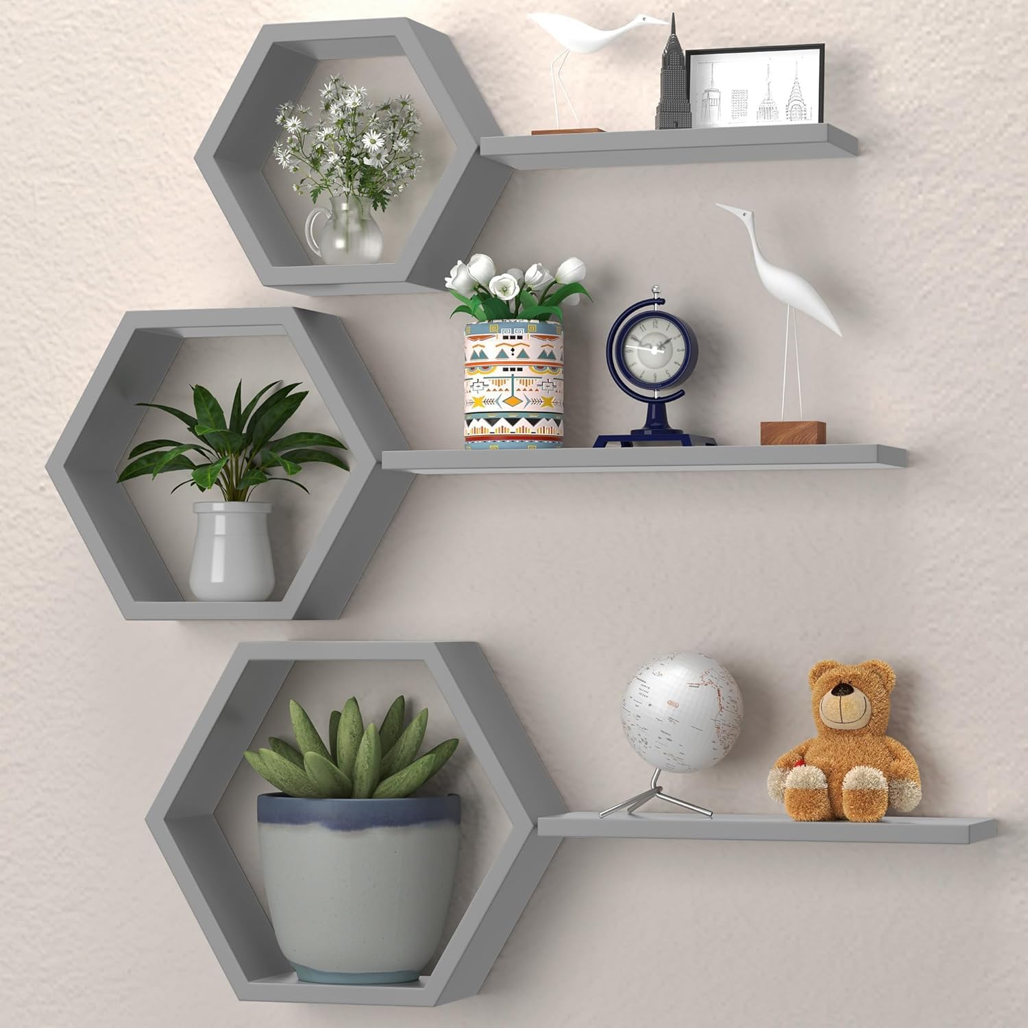 Kassar Geometric Floating Shelves for Wall Decor, Wooden Hexagon Floating Shelves Wall Mounted, Honey Comb Shelves Honeycomb for Living Room Gray (B0D9K7VDW3) Amazon Price History, Amazon Price Tracker