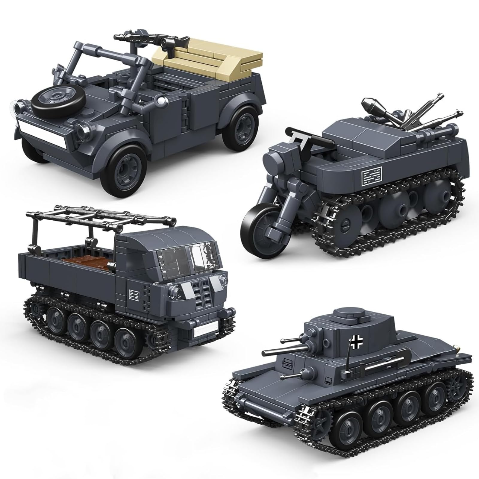 Technik Panzer Bausteine Bausatz, 4 in 1 Panzer Klemmbausteine, WW2 Militär Fahrzeug Bausteine Modell Spielzeug, Geschenke für Erwachsene und Militärfans, 1089 Teile