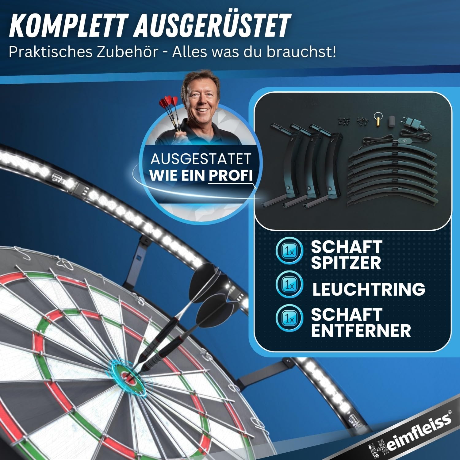 Heimfleiss® 360° Dart Beleuchtung | Blendfreie Dartscheibe Beleuchtung mit Ultra-Light-LEDs | Dart Lichtring + Schaft Entferner & Spitzer | Dartboard Beleuchtung | LED Darts Licht