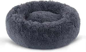BVAGSS Small Dog Bed Cat Bed Calming Plush Pet Bed Soft Washable Anti Anxiety Round Donut Cuddler Fluffy Puppy Bed for Puppy & Kitten JA037 (16 inch, Dark Grey)
