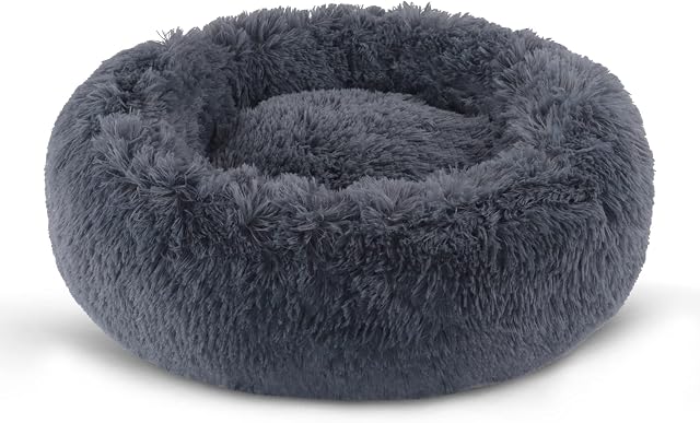 BVAGSS Small Dog Bed Cat Bed Calming Plush Pet Bed Soft Washable Anti Anxiety Round Donut Cuddler Fluffy Puppy Bed for Puppy & Kitten JA037 (16 inch, Dark Grey)