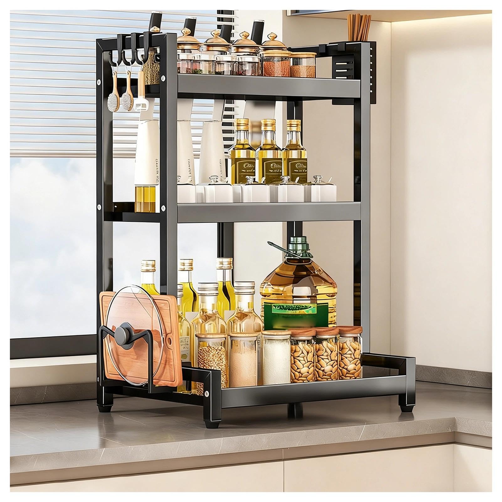 TIANQIHAO Stainless Steel Countertop Spice Rack Nizer, 2-Tier Metal Table Rack With Hooks And Knife Holder, Standing Large Nizer For Sugar, Salt, Pepper And Oil Bottles,Black-3 Tier-11.8in