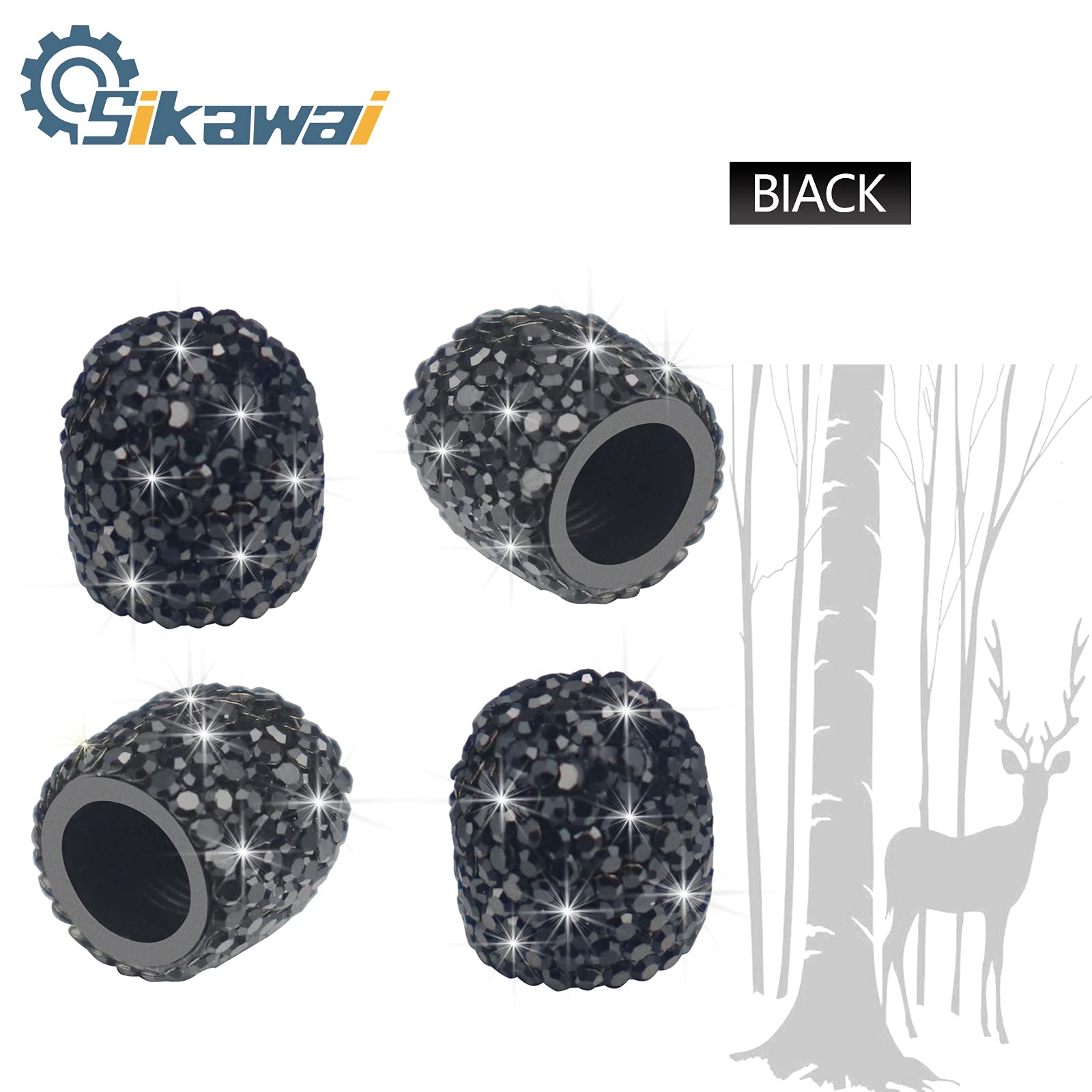 Sikawai Bling Valve Stem Caps Black Sparkling Handmade Crystal Rhinestone Universal Car Tire Valve Caps Chrome Attractive Dustproof — view 2