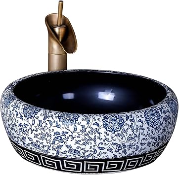 Bathroom Vessel Sink Ceramic Bathroom Vessel Sink, Traditional Jingdezhen Blue And White Above Counter Vanity Sink, 16.5'' X 16.5'' Circular Bathroom