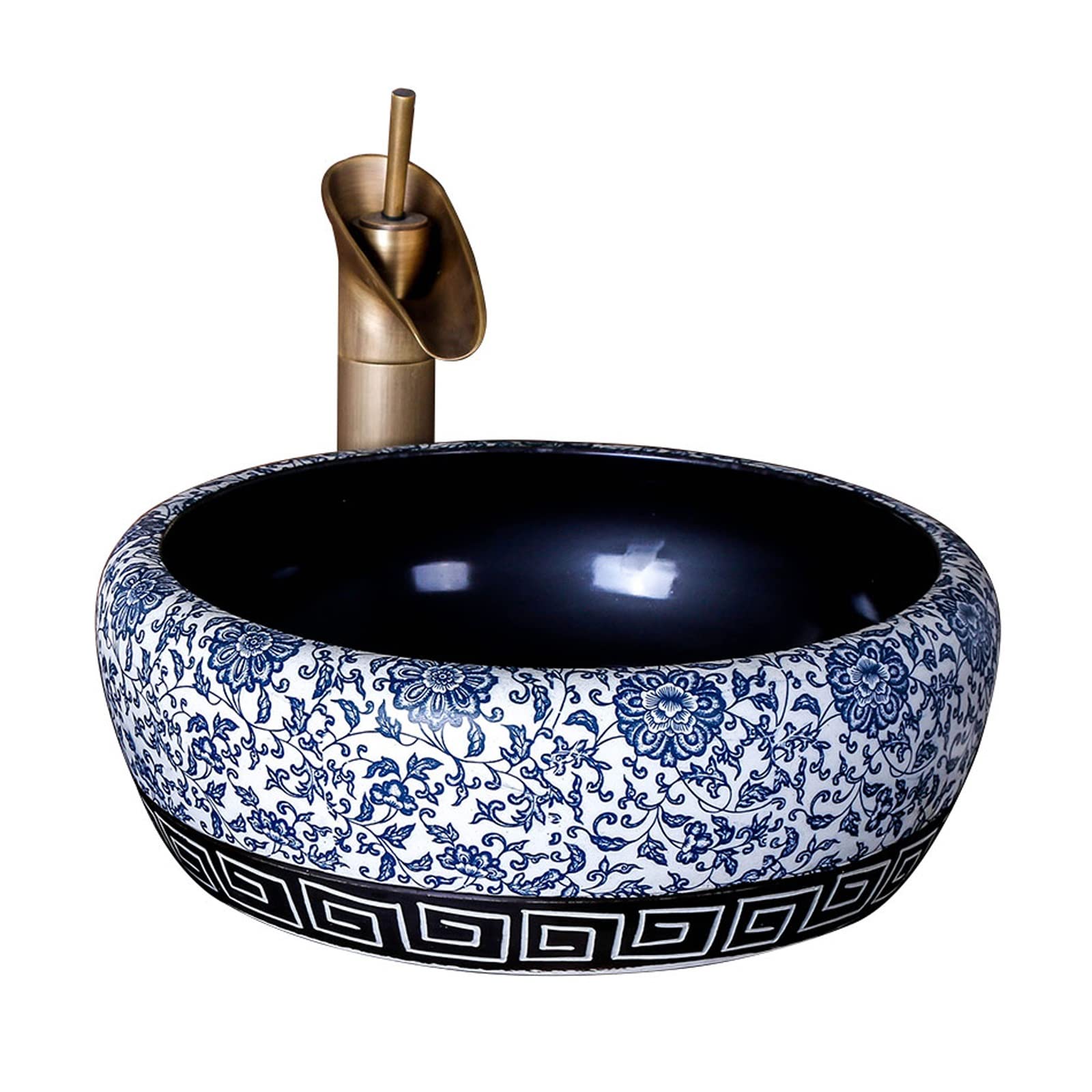 Sjdopulse With Accessories Set Countertop Washbasin, Countertop Washbasin, Ceramic Sink For Bathroom, Traditional Jingdezhen Sink In Blue And White, Countertop Sink, 16.5 X 16.5 Inches, Round Bathroom Sink, W