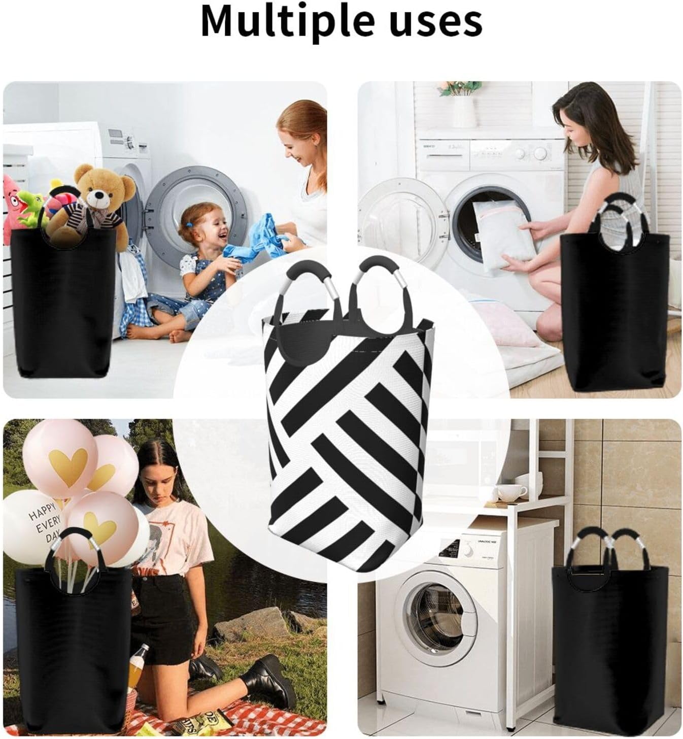 Large Laundry Basket, Geometric Stripe in Black and White Laundry Hamper Bag Collapsible Washing Bin With Handles for College Dorm, Family Essentials Storage
