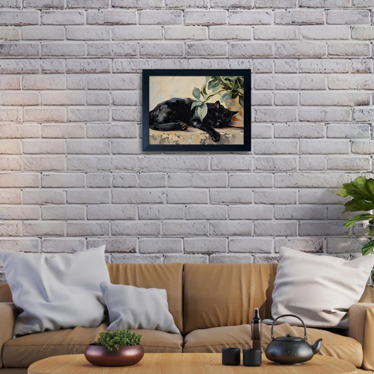 Framed Black Cat Picture Wall Decor Cute Sleeping Cat Wall Art Neutral Plant Wall Decor Pet Print Poster Artworks for Bedroom