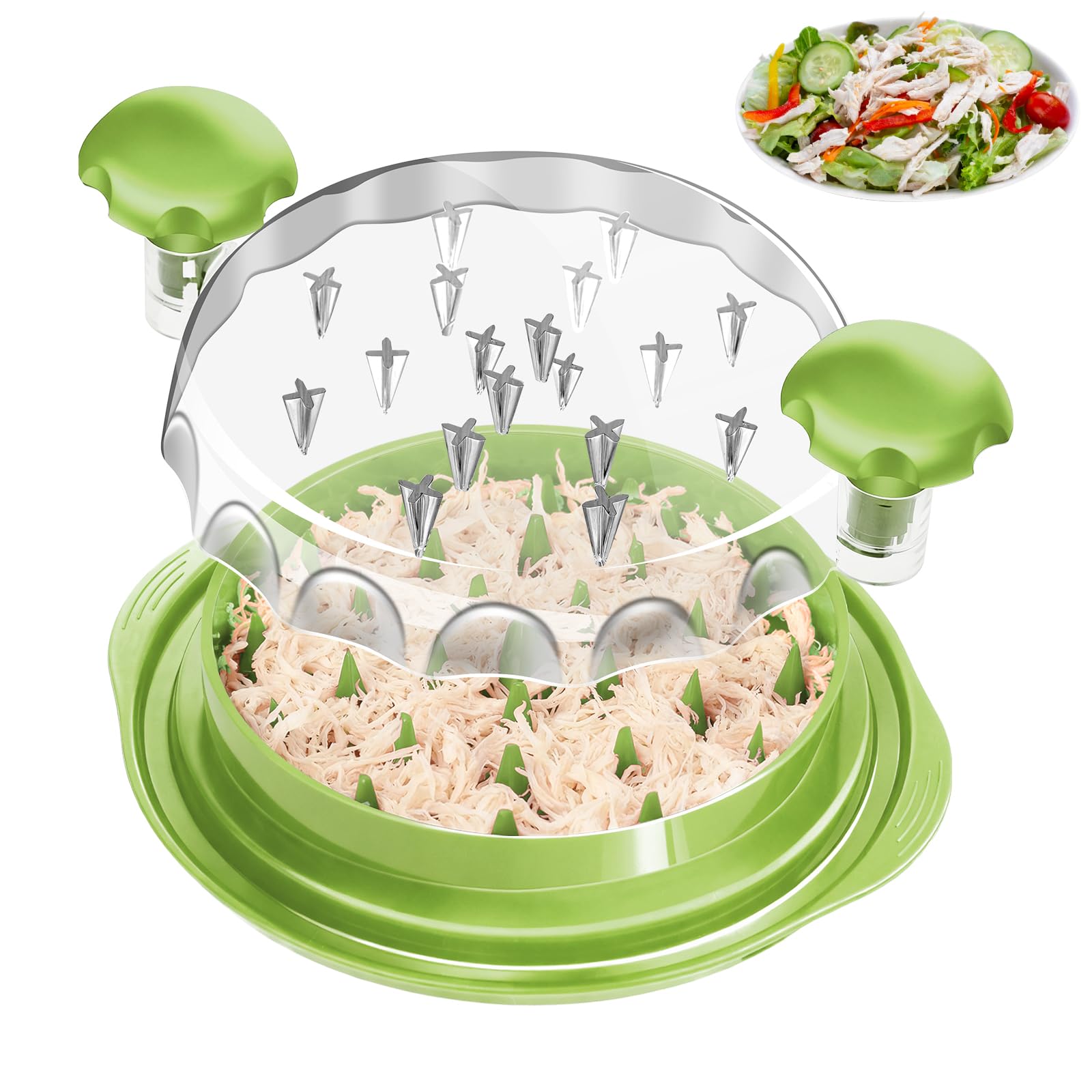 iHomara Chicken Shredder, 9.6 in Meat Shredder Tool Twister with Ergonomic Handle, Non-Slip, Effort Saving, with Transparent Lid Food Shredder, BPA Free, Dishwasher Safe, Green