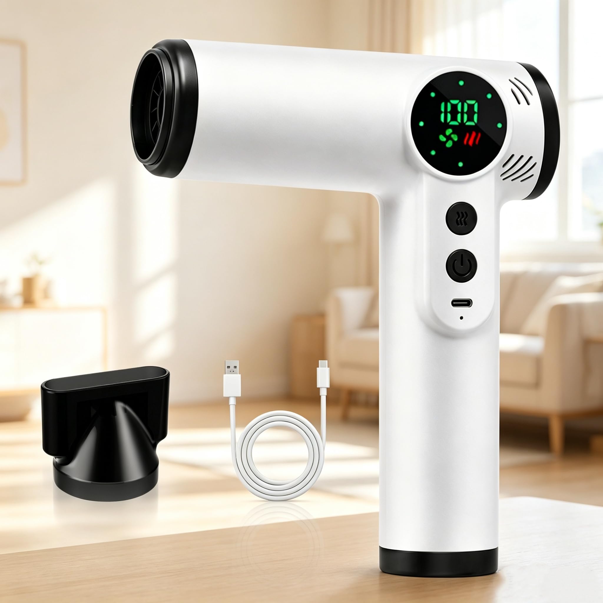 Akku Haartrockner, 200 W Kabelloser Föhn Tragbarer Akku, 3 Geschwindigkeiten & 3 Temperaturen, 15000 mAh Reisefön Kabellos mit Digitalem Bildschirm, Reiseföhn für Reisen, Camping, Schlafsäle