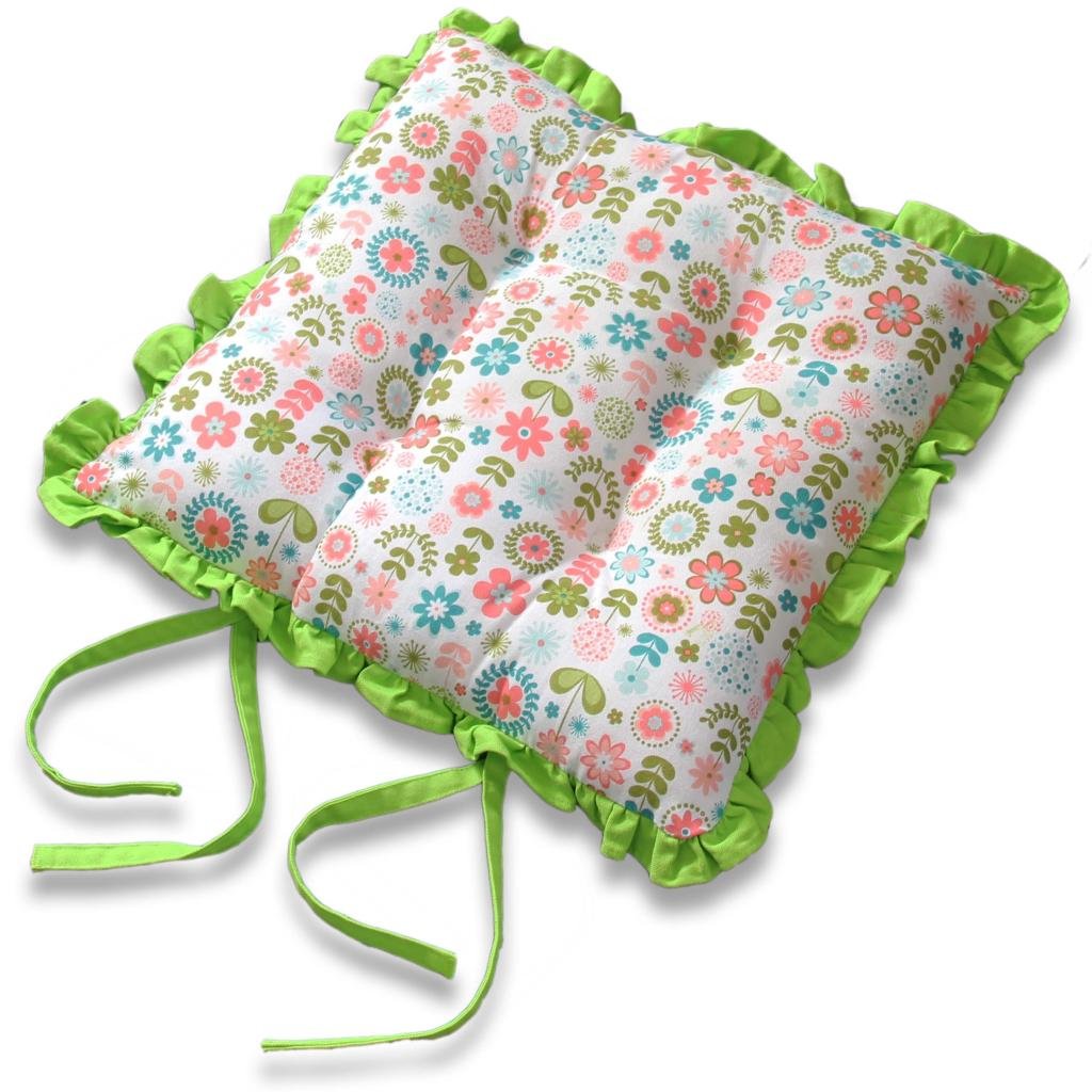 Homescapes Green Reversible Frilled Tie-On Seat Pad 40 X 40Cm Retro Flower Design Chair Pad Cushion With Ties And Ruffles