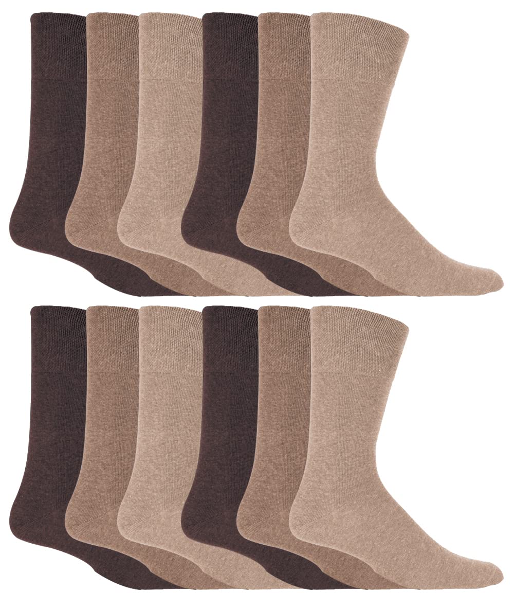 Iomi Men's Beige 12 Pair Multipack Gentle Grip Top Diabetic Socks Mid Calf Loose Top Non Elastic Cotton Socks With Handlinked Seamless Toe (Uk, Numeric, 12, 14, Regular, Regular, )