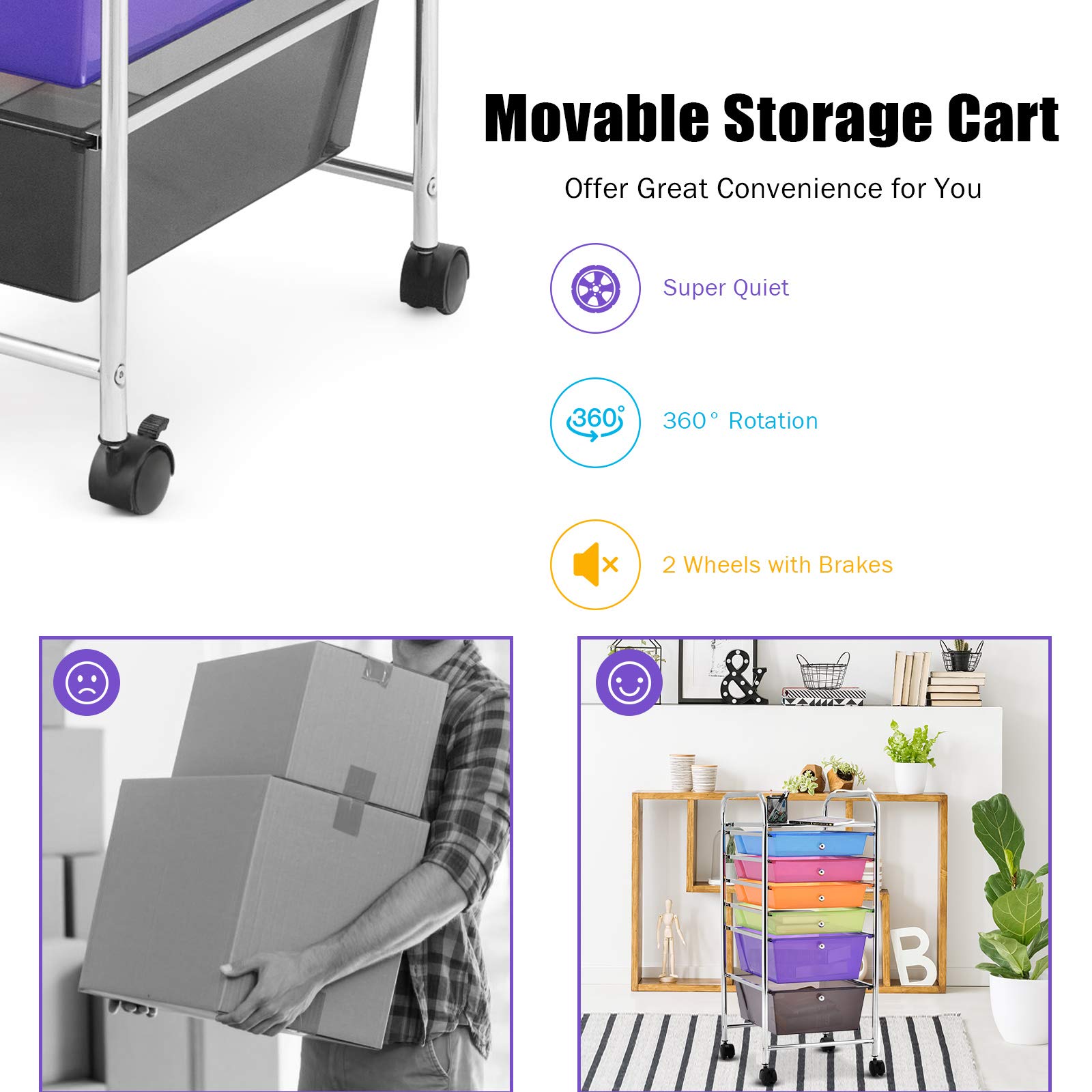 GIANTEX Carrello con 6 Cassetti, Portaoggetti Multistrato, Carrello da Stoccaggio a 6 Ripiani, Contenitore con Ruote, Scaffale Mobile Salvaspazio, 32x37x74 cm, Colorato
