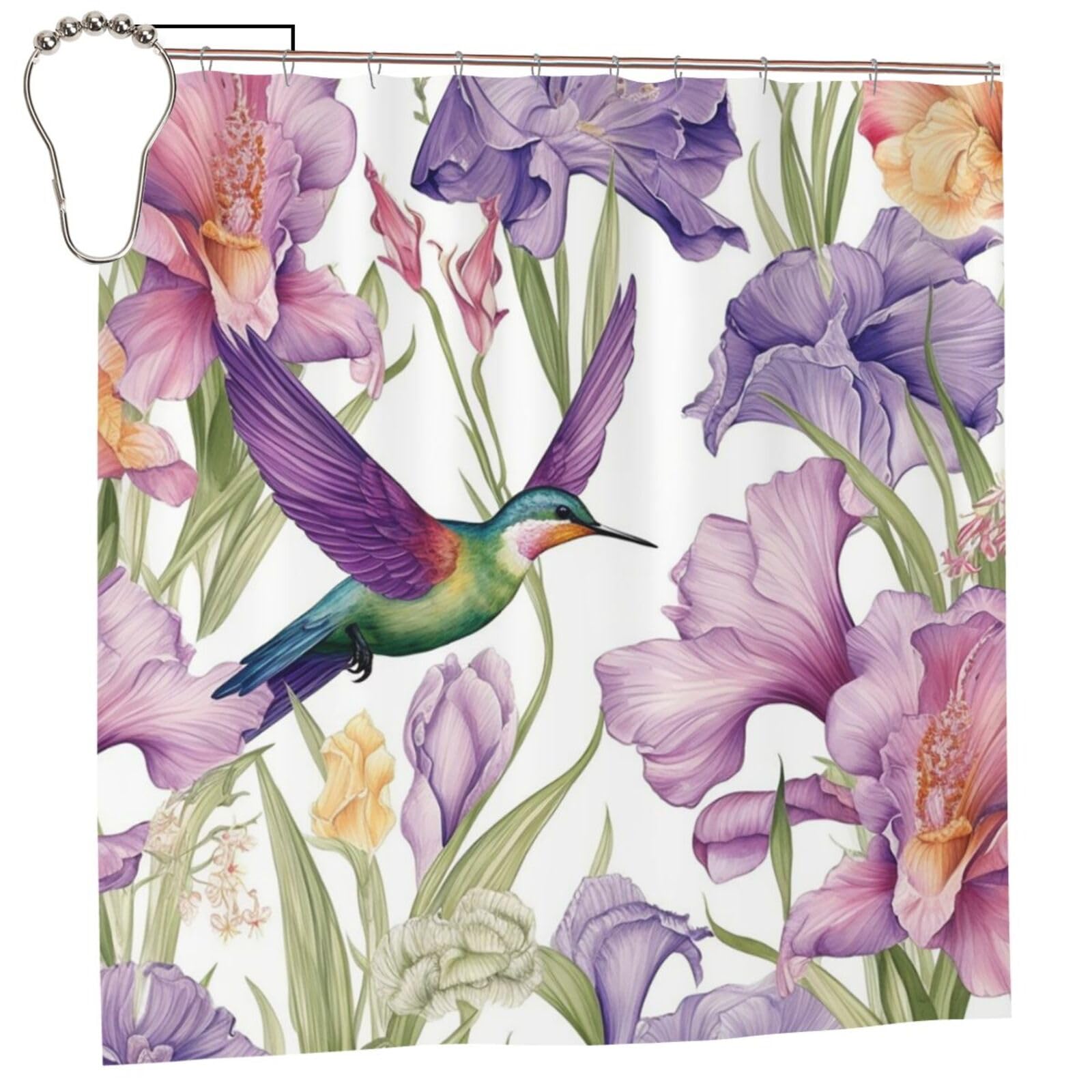 Rideau de douche anti-moisissure et robuste motif colibris floral 183 cm