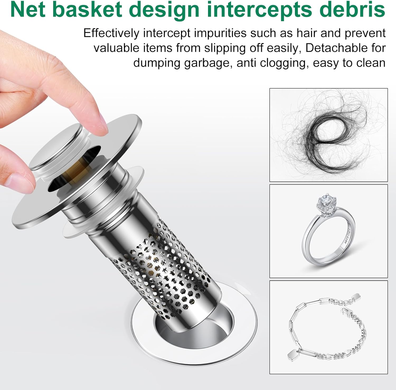Bathroom Sink Drain Strainer,Universal Pop-Up Sink Stopper Hair Catcher, Anti-Clog Stainless Steel Drain Filter Basket, Removable Sink Drain for Bathroom Sink Stopper Replacement - Image 5