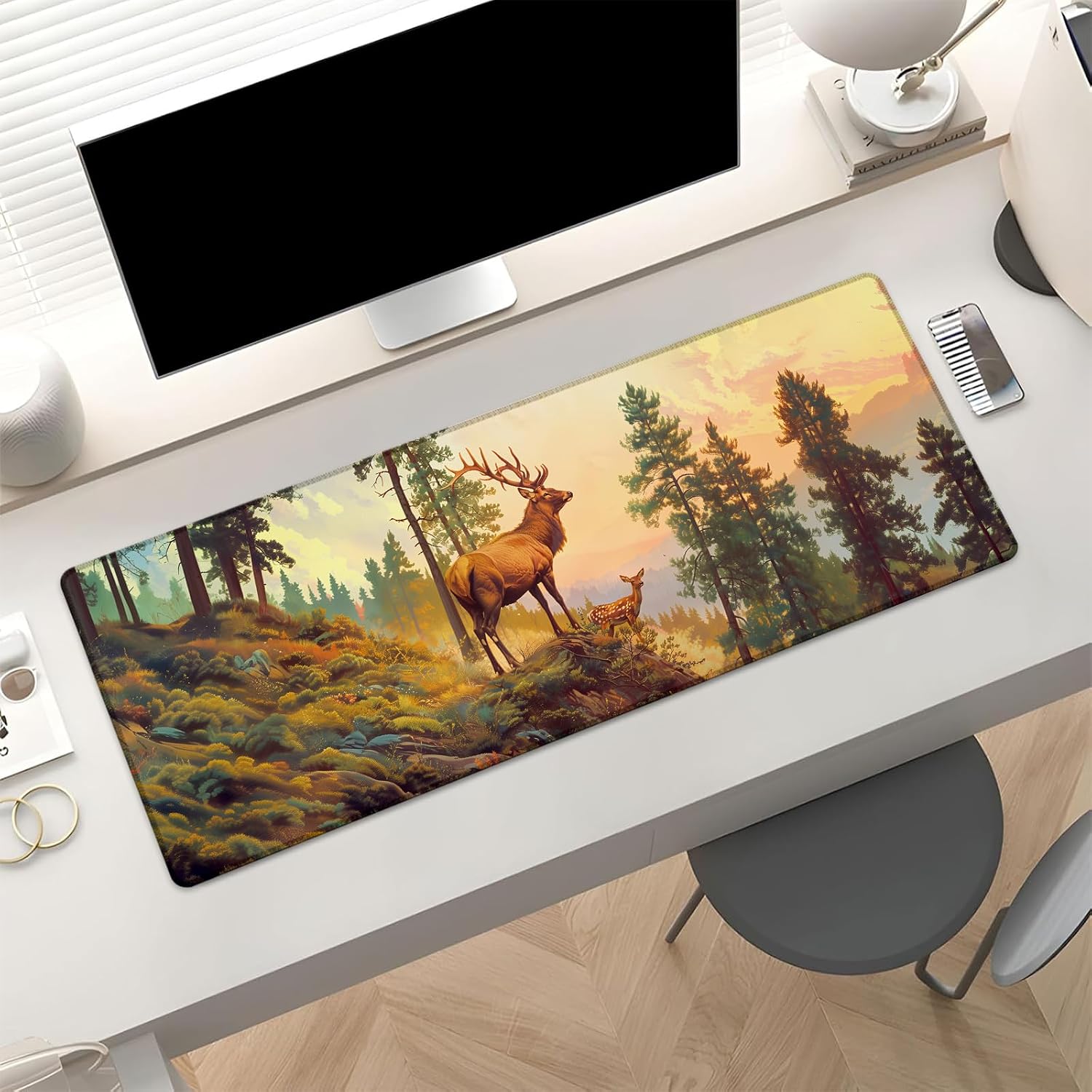 Majestic Deer Gaming Mouse Pad, Large Elk and Fawn in Sunset Forest Desk Mat for Computer, Extended Keyboard Laptop Mouse Pads 31.5×11.8in, Non Slip Rubber Mousepad for Office Decor Gifts image 2