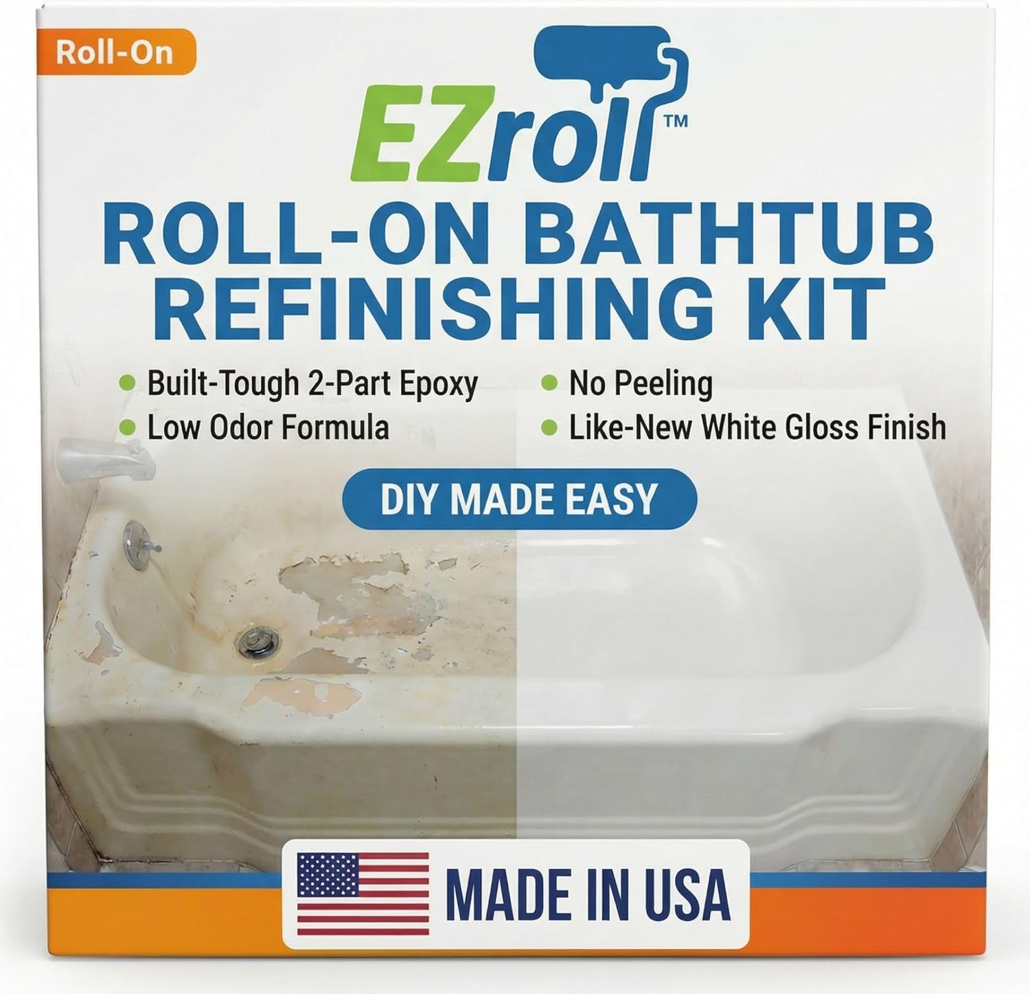 Bathtub Refinishing Kit, Tub and Tile Paint, White Low Odor Bath Paint, Long-Lasting Durable Tub Paint Kit for All Bathtubs, Tiles, Sinks and Showers, Easy Roll-On DIY Tub Coating, Made in USA