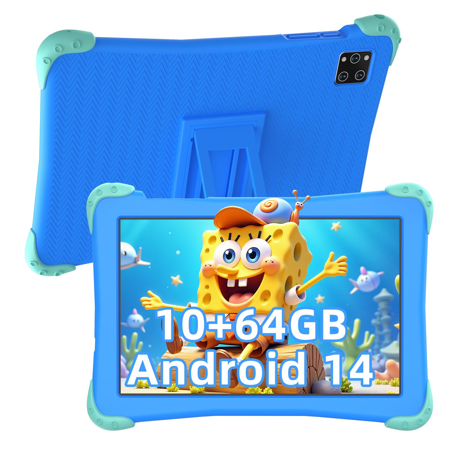 EagleSoar Tablet para Niños 10 Pulgadas, Android 14 Octa-Core, 10 GB RAM+64GB ROM, 1280 * 800 IPS, 6000mAh, Cámara Doble, Parental Controls, WiFi 6, Bluetooth, con EVA Caso (Azul)