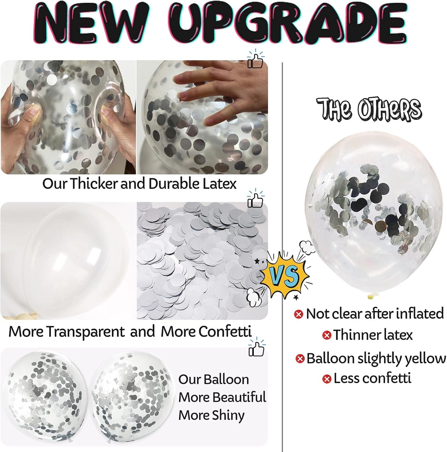 Condition photo showing Good Condition for silver confetti balloons, 25 pcs thickened 12 inch clear latex balloon with confetti inside for graduation decorations engagement bridal shower party baby shower birthday party decoration supplies