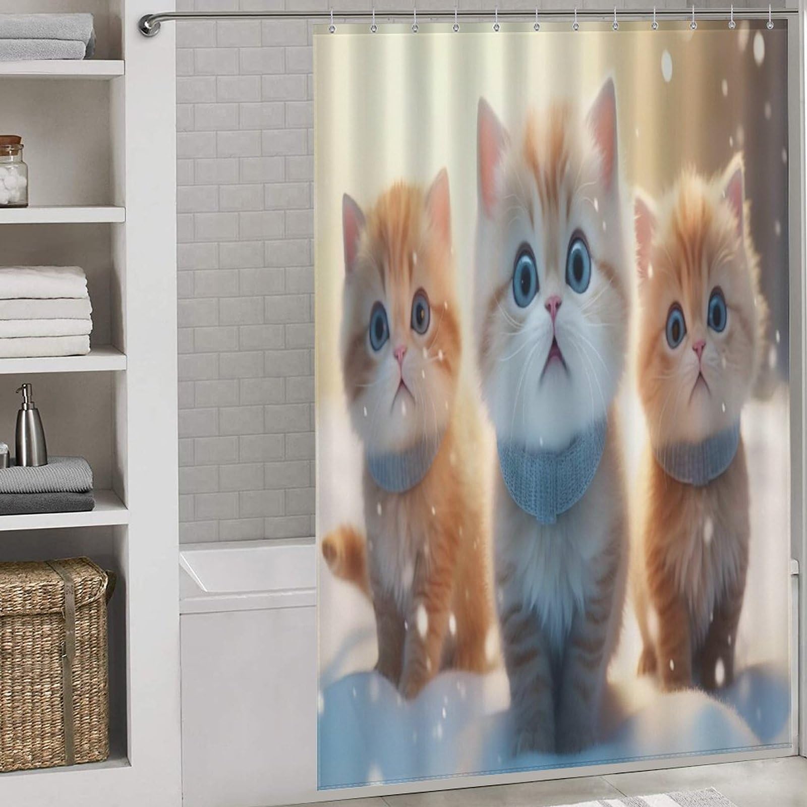 Rideau de douche chat mignon en tissu polyester imperméable pour salle de bain 152x183cm