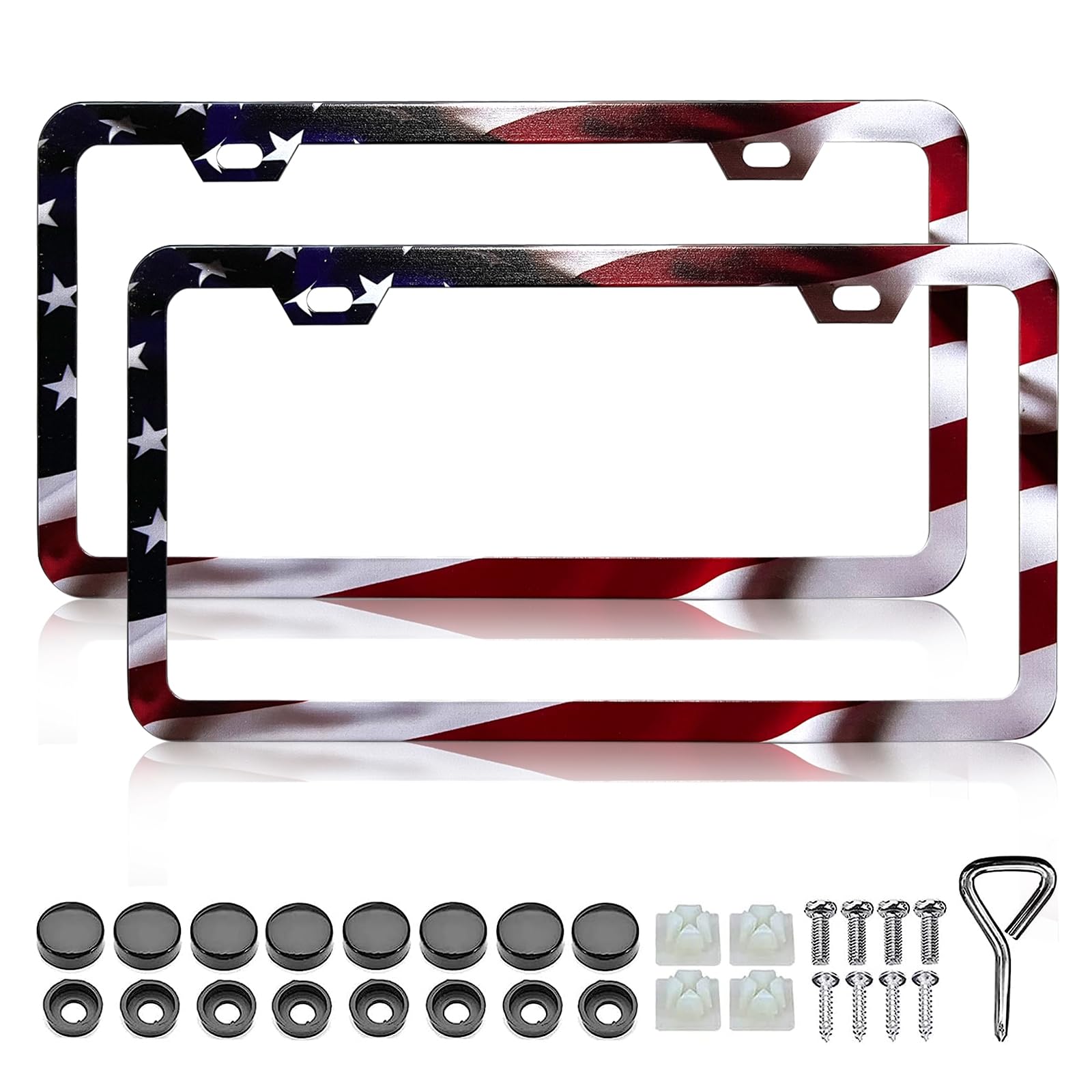 LIN KANG Patriotic American Flag License Plate Frame Holder - 2 Pack Universal Stainless Steel Matte Stripe US Flag Gloss Car Plate Frame Covers with 2 Holes and Screws Fasteners Caps