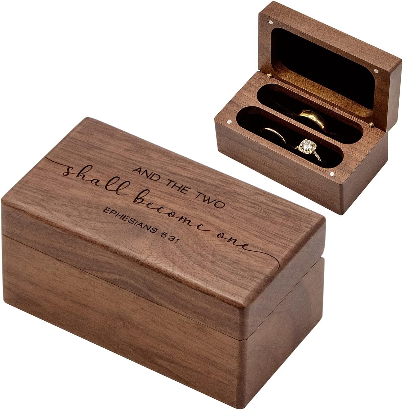 MUUJEE Ephesians 5:31 Quad Ring Box - Engraved Wooden Ring Case Box for Wedding Ceremony Ring Bearer Anniversary Birthday Valentines Gift Ideas