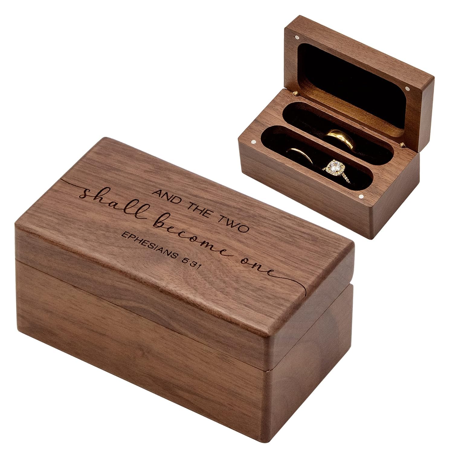MUUJEE Engraved Ring Box (Two Become One) - Wedding Ring Bearer Box for 2 to 4 Rings Engagement Proposal Promise Ring Storage