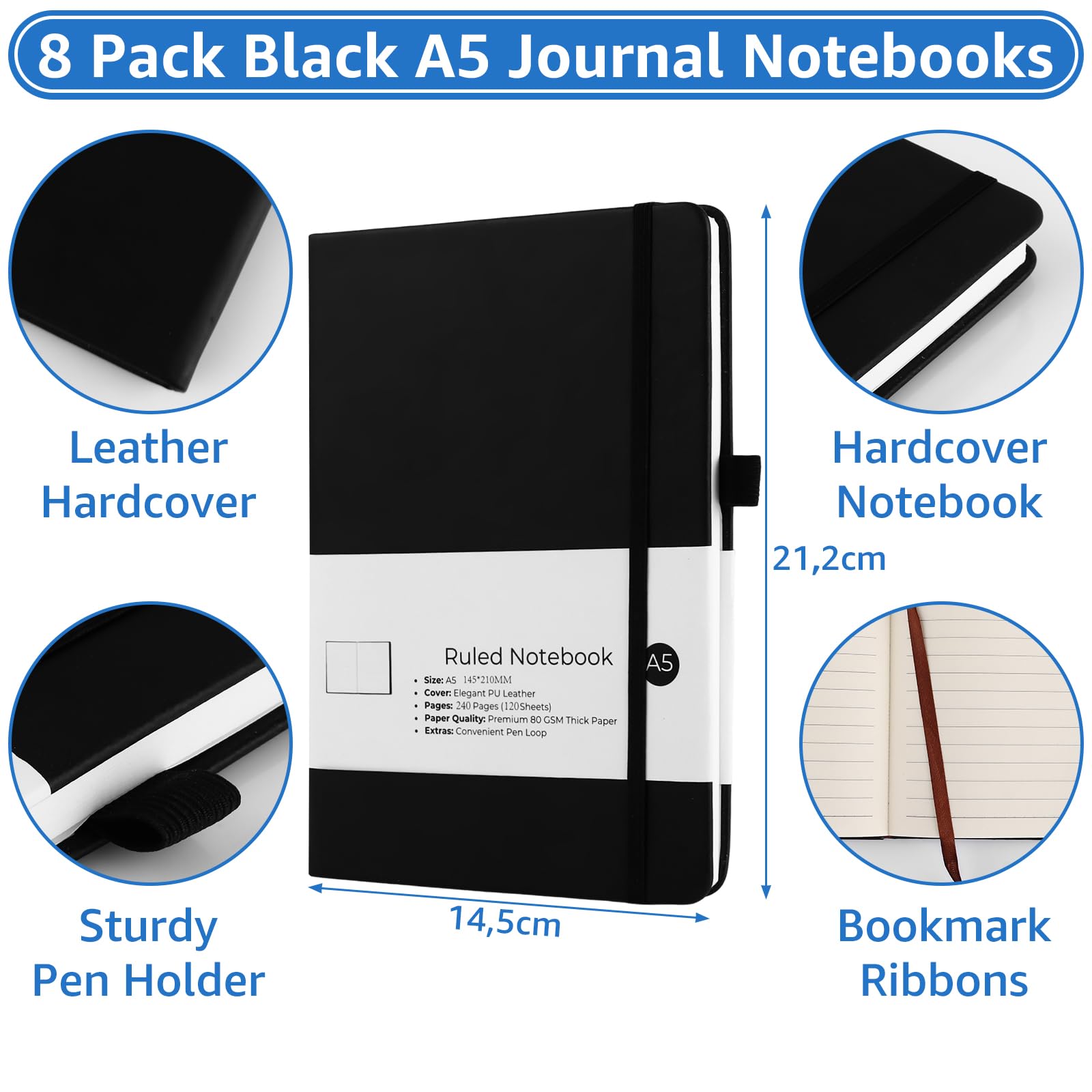 Lot de 8 Carnet A5 Noir, Carnet de Notes en Cuir PU 212x145 Mm, Cahier de Note 240 pages avec Porte-stylo, Élastique, Ruban Marque-page et Poche pour Bureau, École et Journal