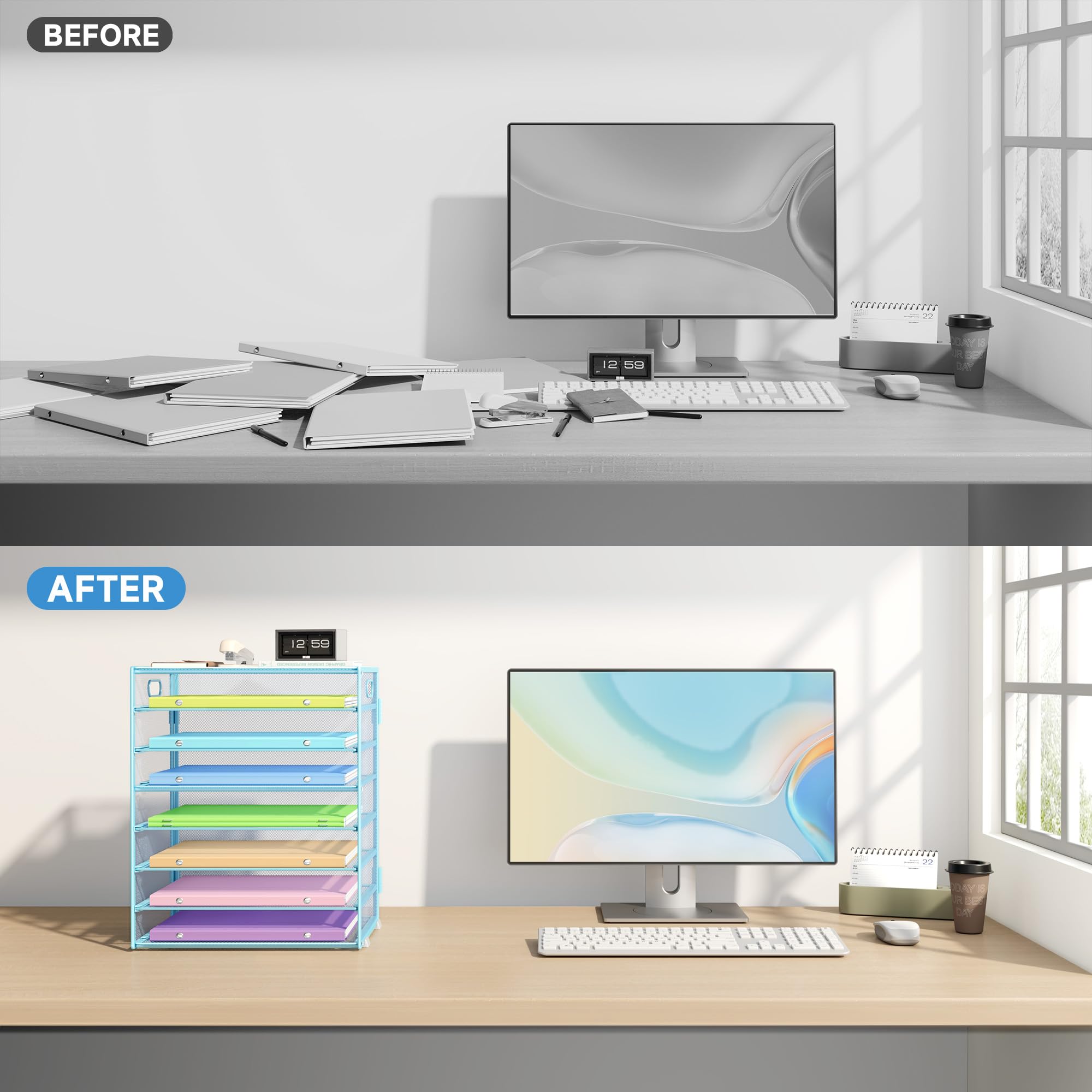 Marbrasse Schreibtisch Organizer Ablage,8-Tire Papierablage Ablagefächer Stapelbar Dokumentenablage,Metall Schreibtischorganizer für Briefablage,Ordner,Büromaterial,Home Office (Blau)