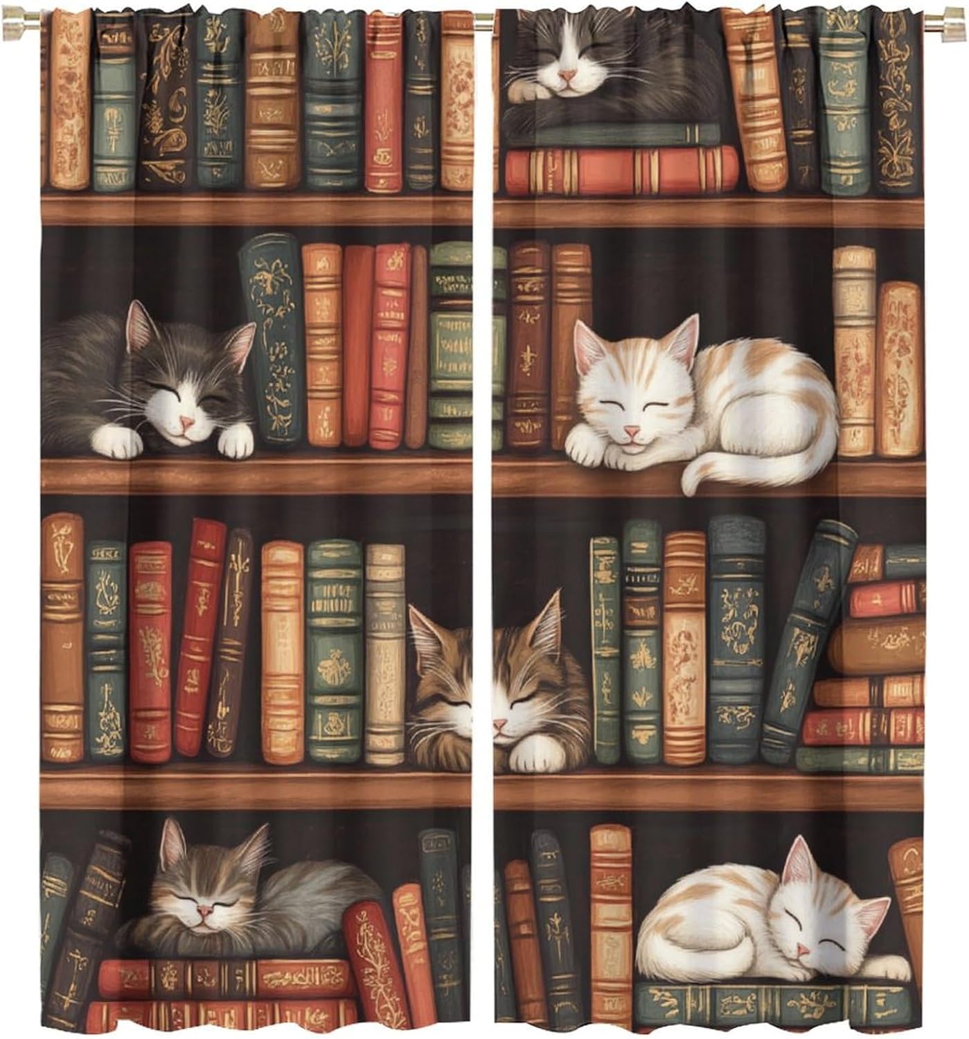 Bookshelf Fantasy Blackout Curtains for Bedroom Living Room, Rod Pocket Cartoon Cat Animal Library Curtains Thermal Insulated Window Drapes 2 Panels, Each 21W x 45L