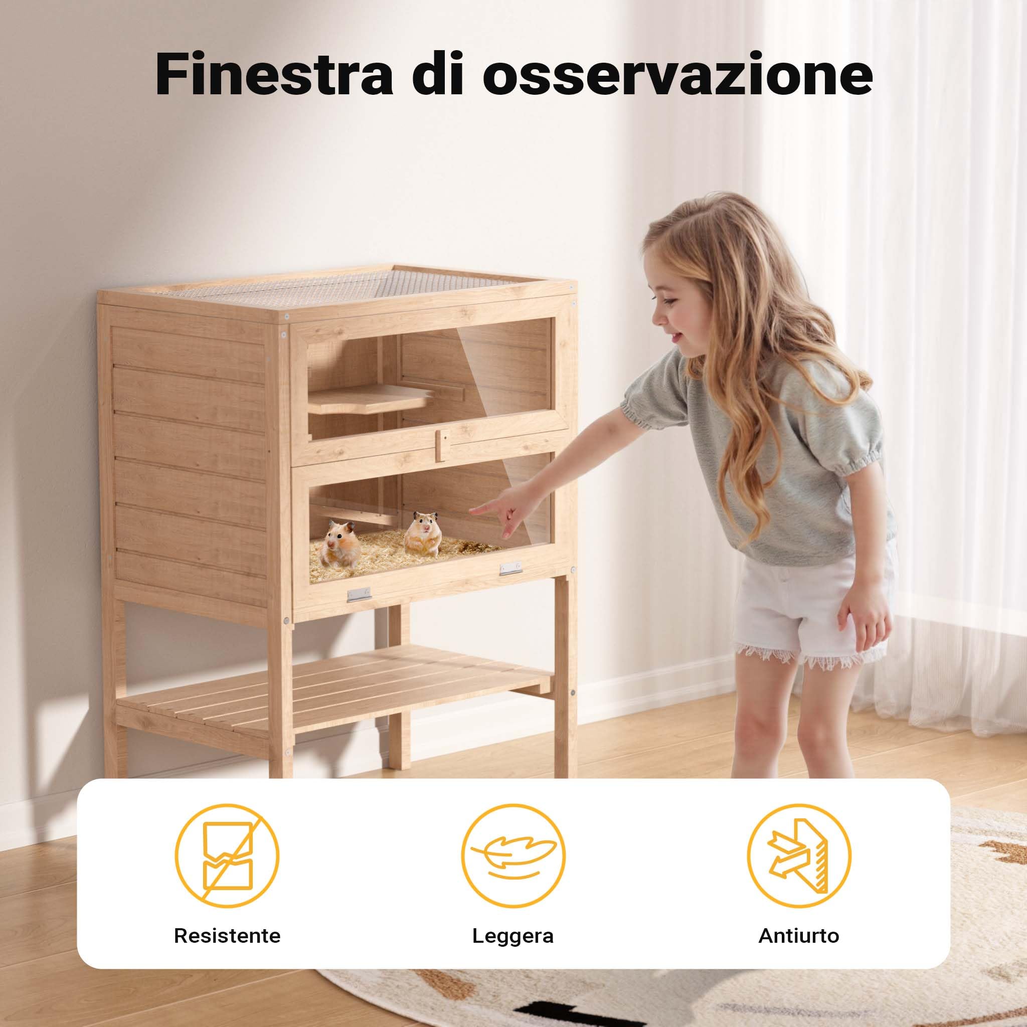 Gabbia per roditori piccoli animali a 3 livelli in legno e plexiglas con tetto apribile
