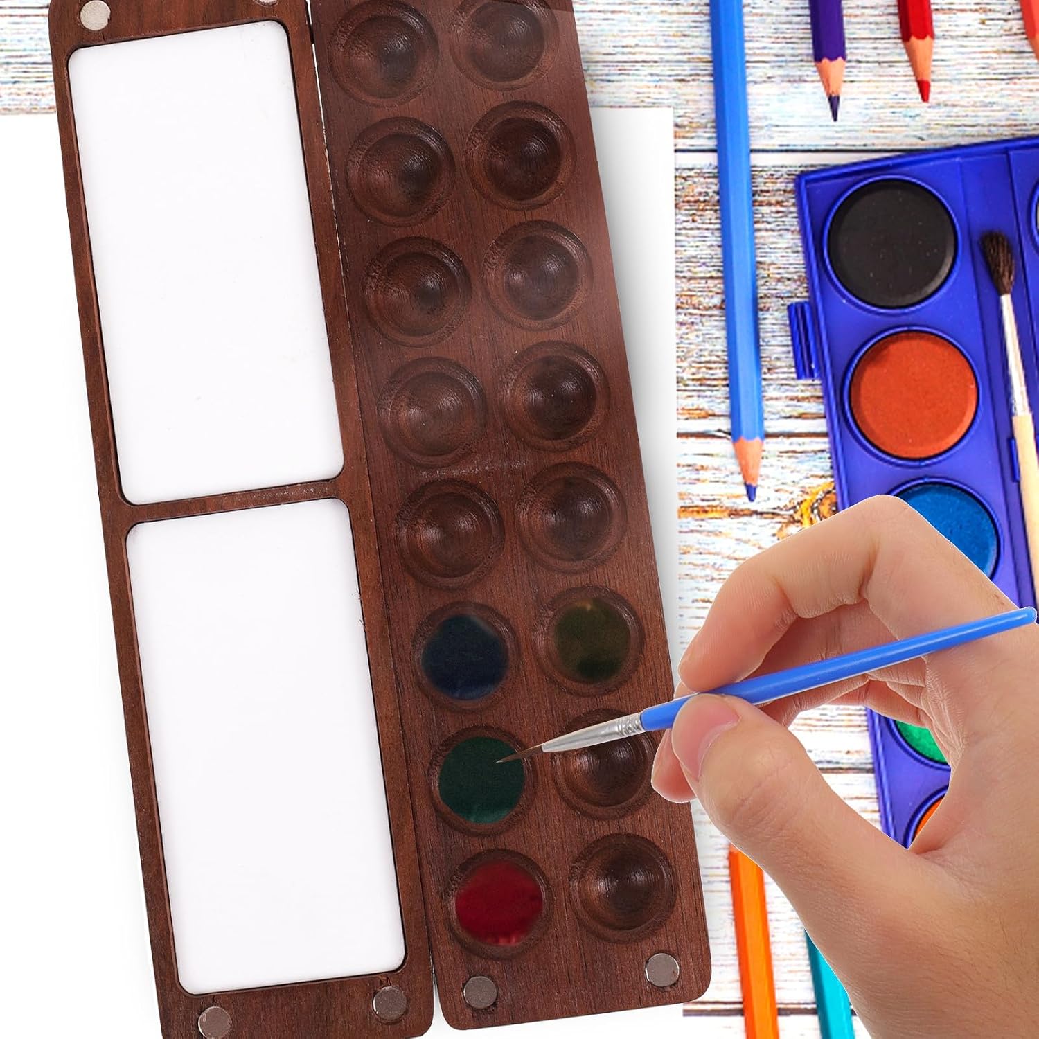 Unomor Mini Handmade Black Walnut Wooden Watercolor Pigment Box with Lid DIY Paint Pallet Tray for Portable Pigment Storage Mixing Case for Home Studio and Outdoor Painting