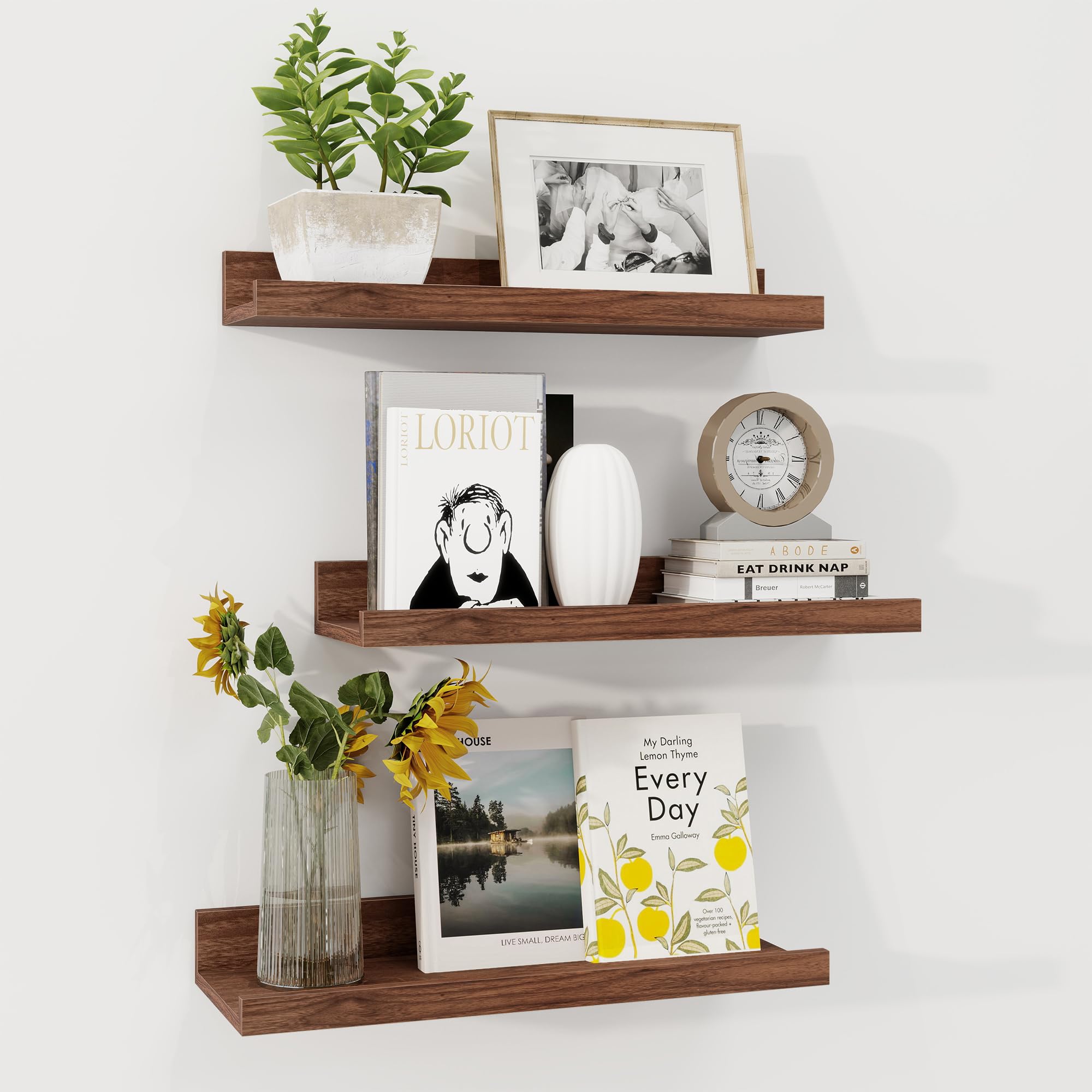 axeman picture ledge shelf | 16 inch walnut floating shelves set of 3 | rustic wood wall shelves with lip | 16" walnut picture shelf for wall with ledge | photo shelves