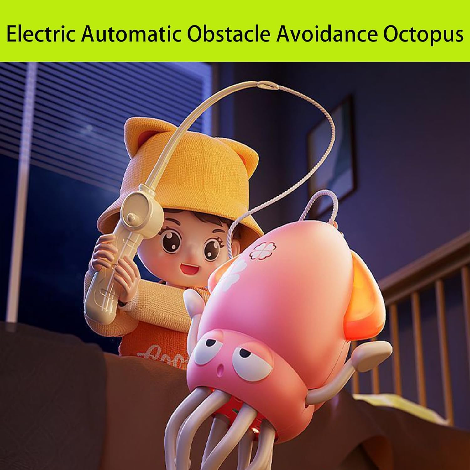 Electric Dancing Octopus Toy, Electric Automatic Obstacle Avoidance Octopus, Interactive Electronic Pet with LED Lights & Music, Avoidance Sensor | USB Rechargeable, with Fishing Rod (Yellow-1)