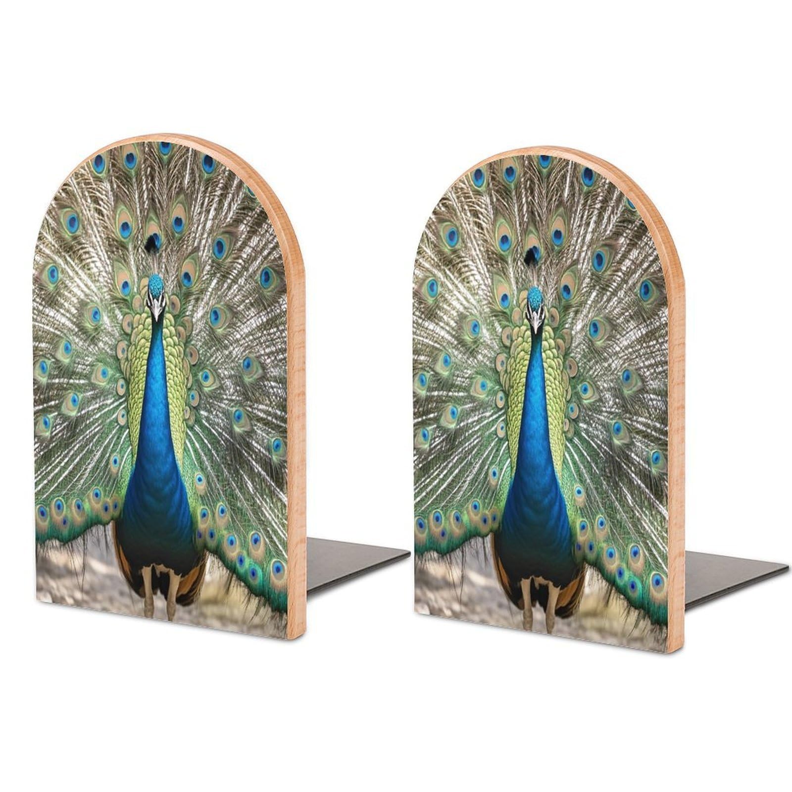 Peacock Pattern Book Ends Wood Non-Skid Bookend for Shelves Heavy Duty Bookends with Metal Base Decorative Books Stopper Desk Organizers Book Dividers for Office Home 1 Pair