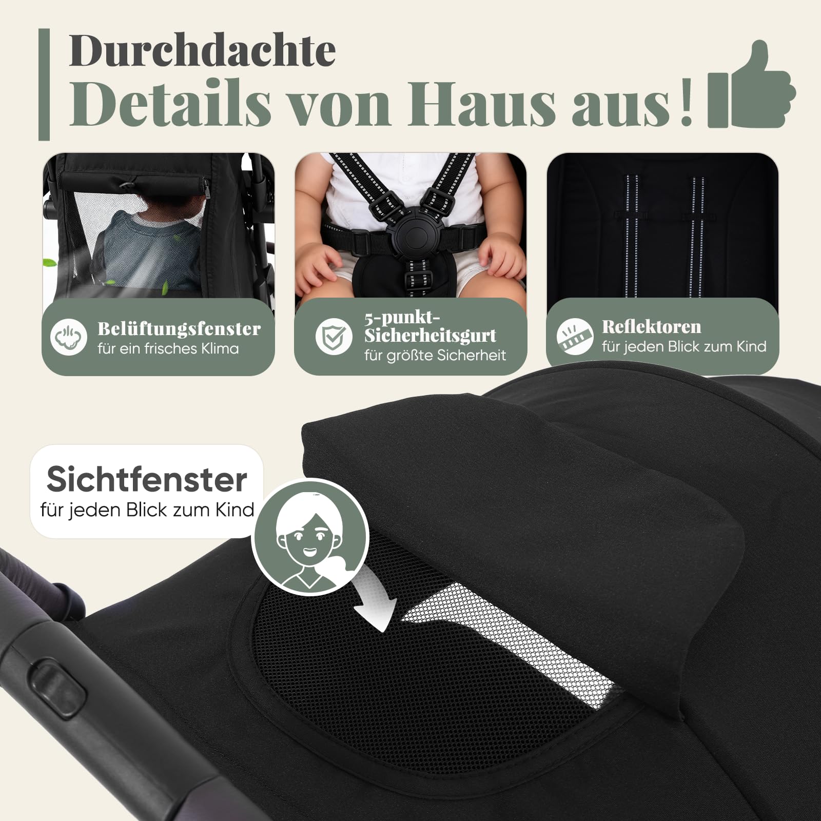 Sekey Reisebuggy Flugzeug Handgepäck mit Liegefunktion, Kinderbuggy Klappbar bis 25kg mit Regenschutz, Buggy Kinderwagen Leicht mit Reflektor, 3-fach verstellbare Rückenlehne, BW732, Schwarz