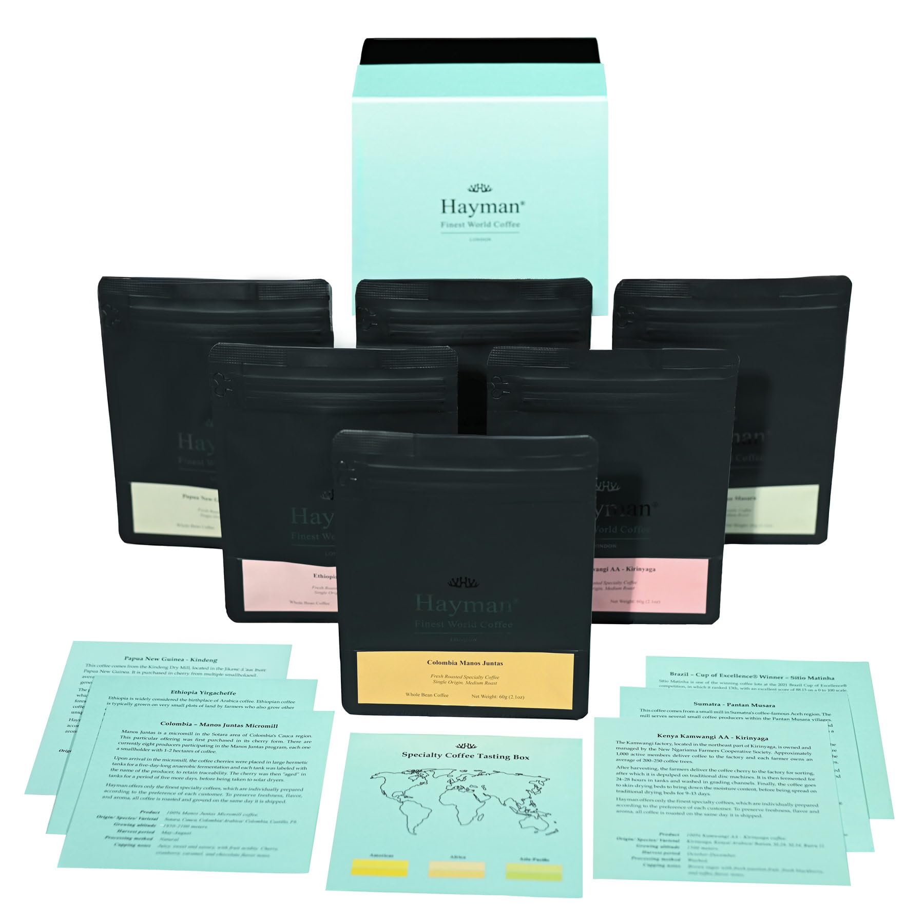 Hayman, Caja de Degustación de Cafés Especiales, Paquete de 6 Selecciones de Cafés Gourmet, Muestra de Variedad Premium, Surtido Regalo, En Grano, Tostado Medio, 6 bolsas con 60 Gramos (360g Total)