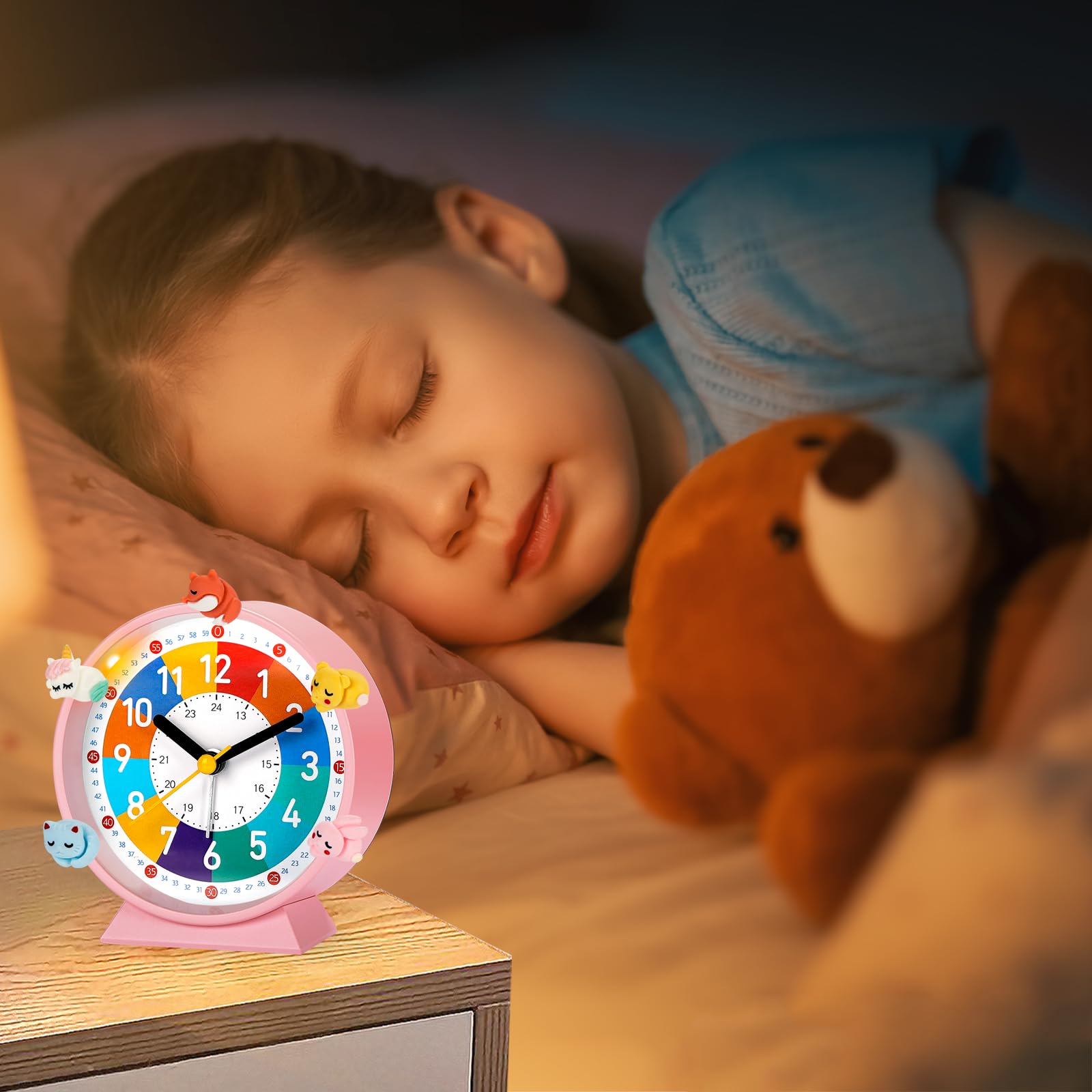 Sveglia Bambini, Adatta Ai Bambini Che Iniziano Ad Andare A Scuola, Nessun Ticchettio, Funzione Luce Notturna E Funzione Snooze, Con 5 Adorabili Decorazioni Per Sveglia Comodino.
