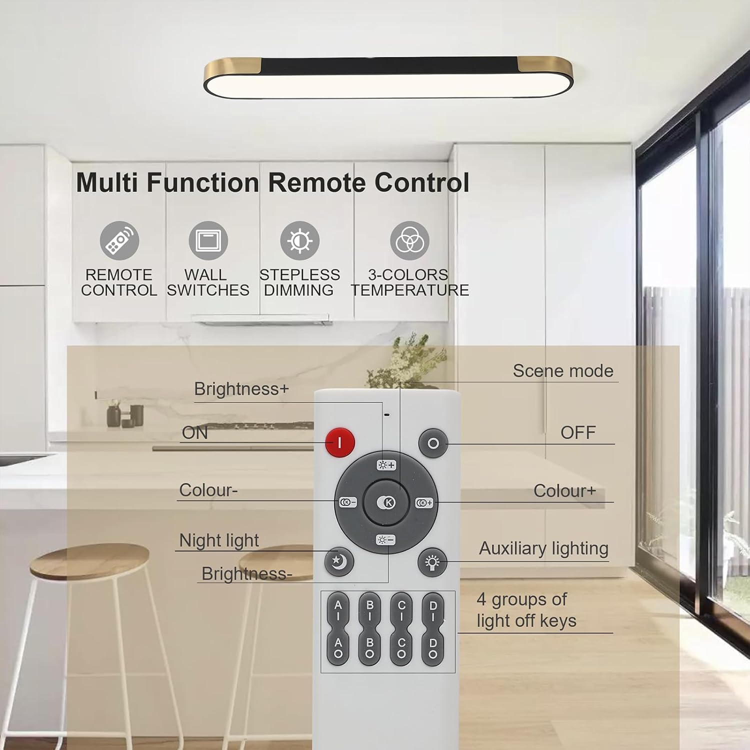 Qcyuui 4FT LED Light Fixture 60W Dimmable Led Ceiling Light Black and Gold Flush Mount Ceiling Light Modern Light Fixtures Ceiling for Kitchen Closet Garage Office Hallway