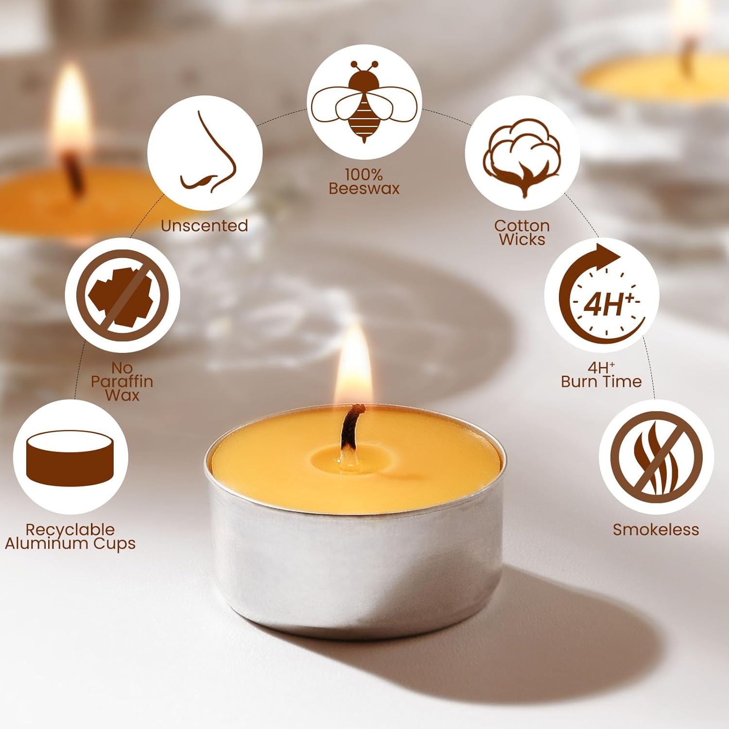 50-Pack Pure Beeswax Tealight Candles in Aluminum Cups - 4-5 Hour Burn Time, Lead-Free Cotton Wick, Natural Unscented Candles - Image 2