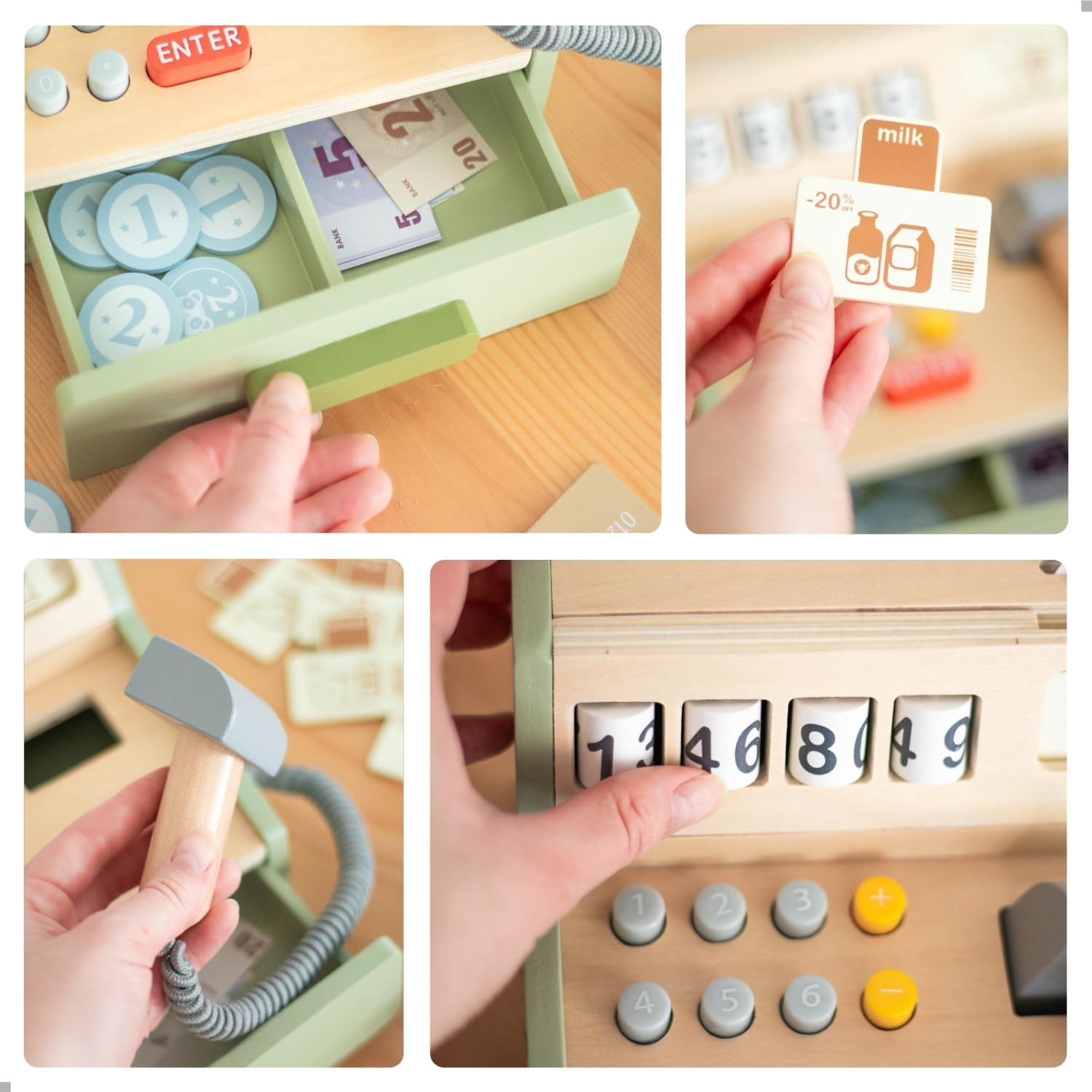 UMU® Cassa per bambini in legno - scanner, terminale di pagamento, denaro, negozi di masticazione e accessori per gioco di ruolo, da 3 a 6 anni