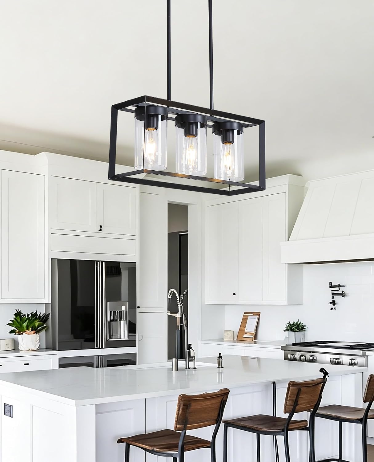 Black Rectangle Farmhouse Chandeliers, 3-Light Modern Linear Dining Room Light Fixture with Clear Glass Shades, Kitchen Island Lighting Fixtures Over Table Ceiling Hanging Pendant Lights