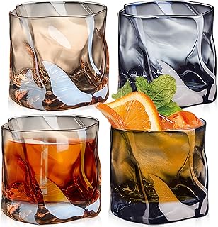 Whiskey Gläser 4er Set, 200ML Unregelmäßige Whiskygläser, Gekippten Falten Glass Bourbon doppeltes altmodisches Glas Unregelmäßiges Kristall Whiskeygläser Für Papa Ehemann Freunde (Bernstein+Asche)
