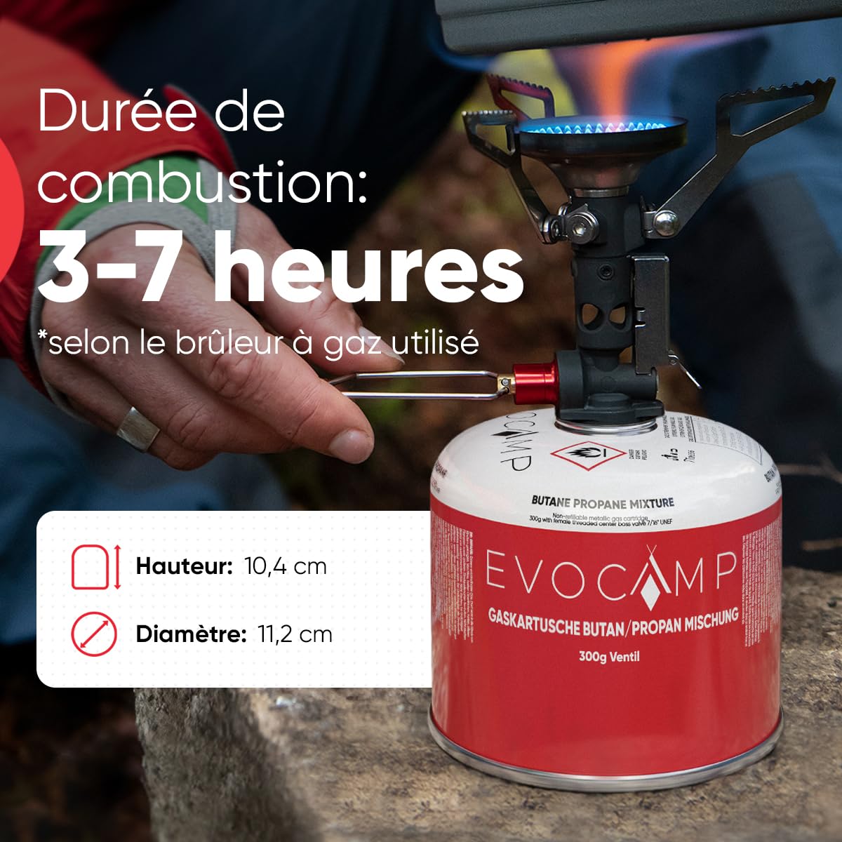 EVOCAMP 10X Cartouches de gaz Propane Butane 300g, Valve à vis avec Filetage européen 7/16", Cartouches à Valve 539ml avec Fermeture de sécurité Automatique