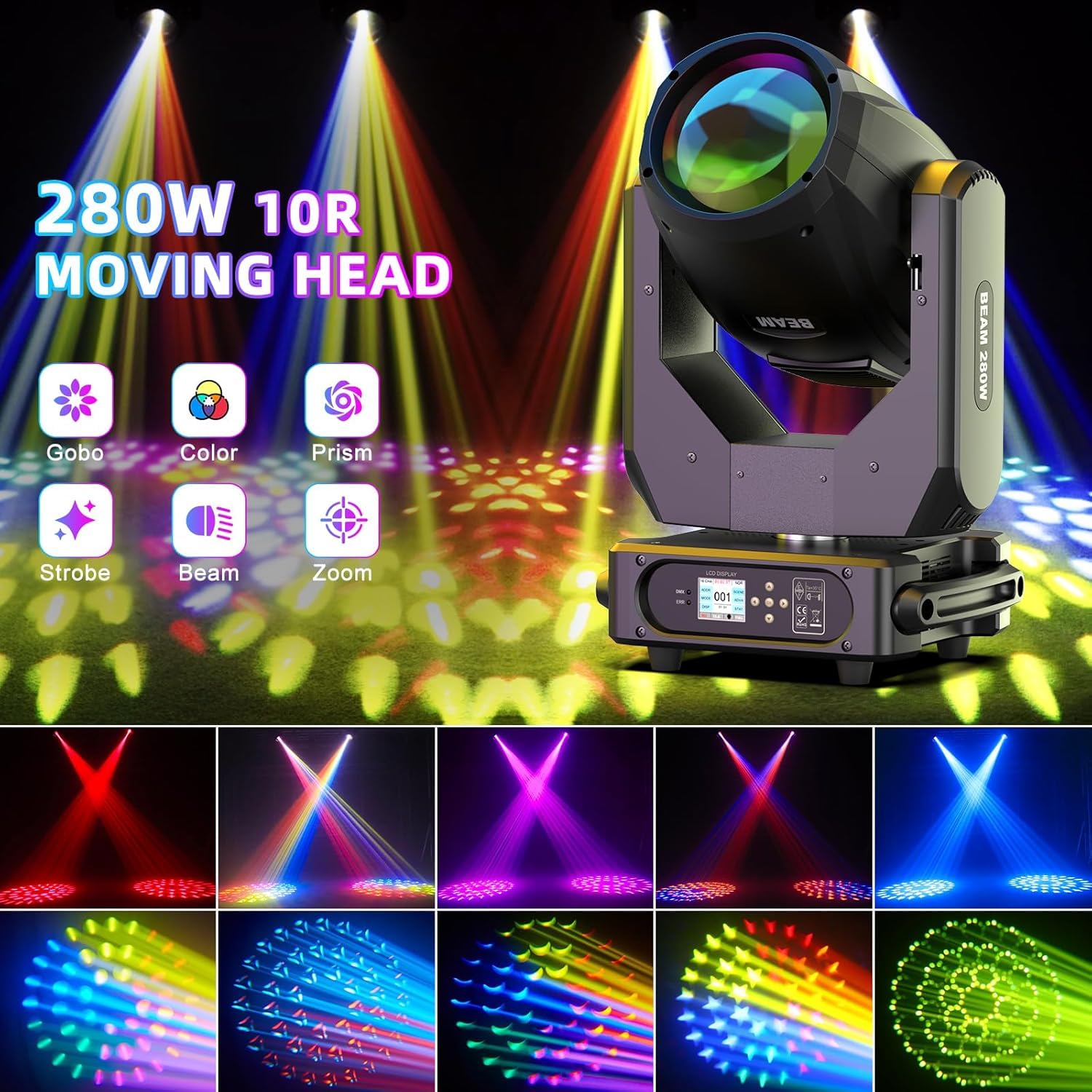 2 Pièces avec Flightcase 280W Lyre LED 10R Beam Lumières de scène 14 Couleurs 17 Gobos 16CH Projecteur 8+48 Prisme Tête mobile pour Disco Club Bar Soirées Lumineux